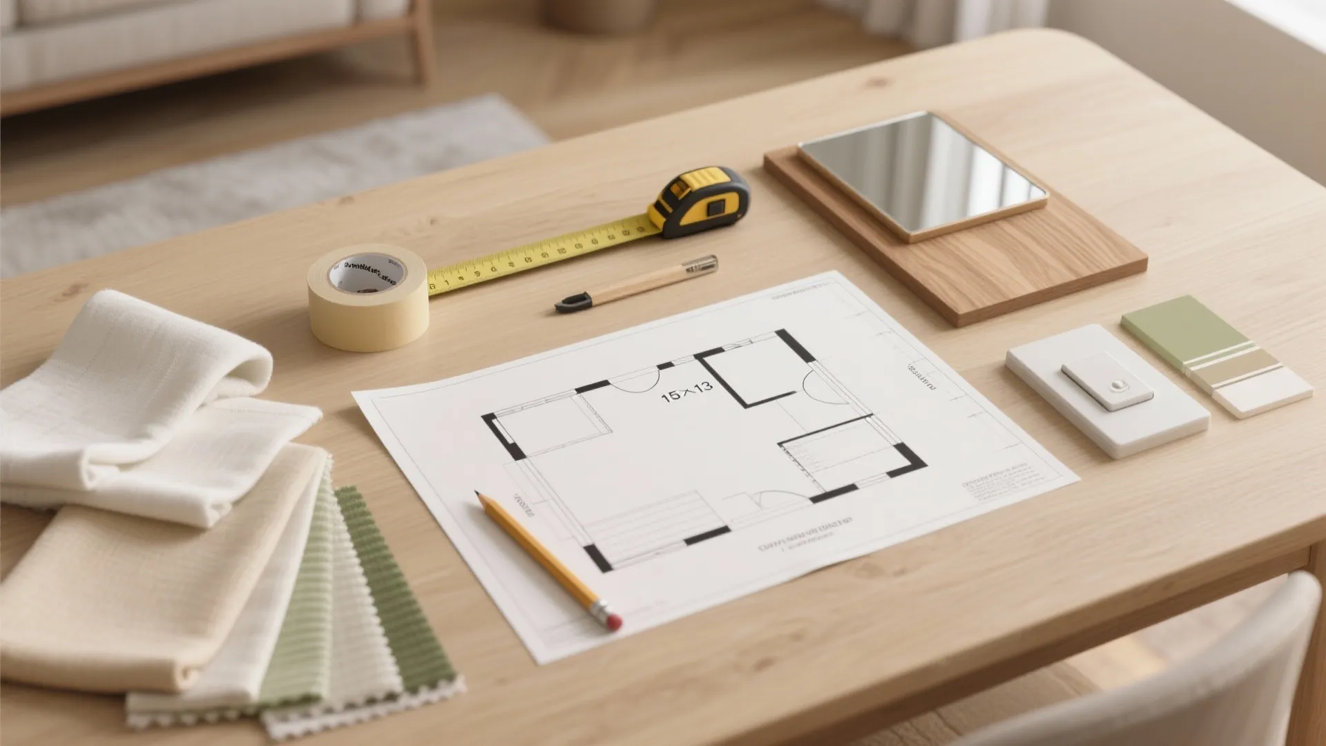 Interior design floor plan on wooden table with measuring tape pencil fabric swatches and samples
