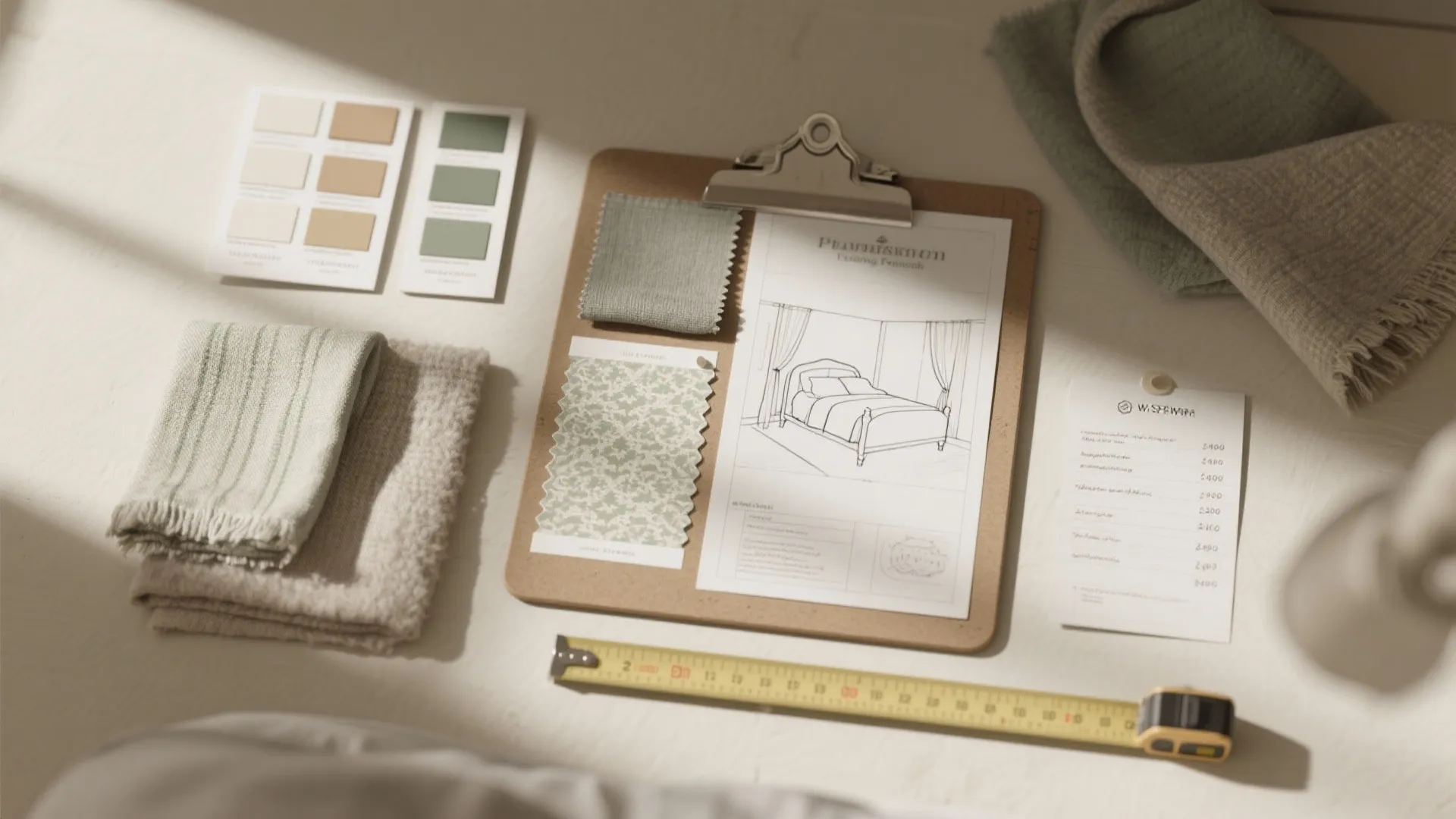 Top-down moodboard with paint swatches, linen samples, wallpaper peel-and-stick sample and a simple room layout sketch for planning.