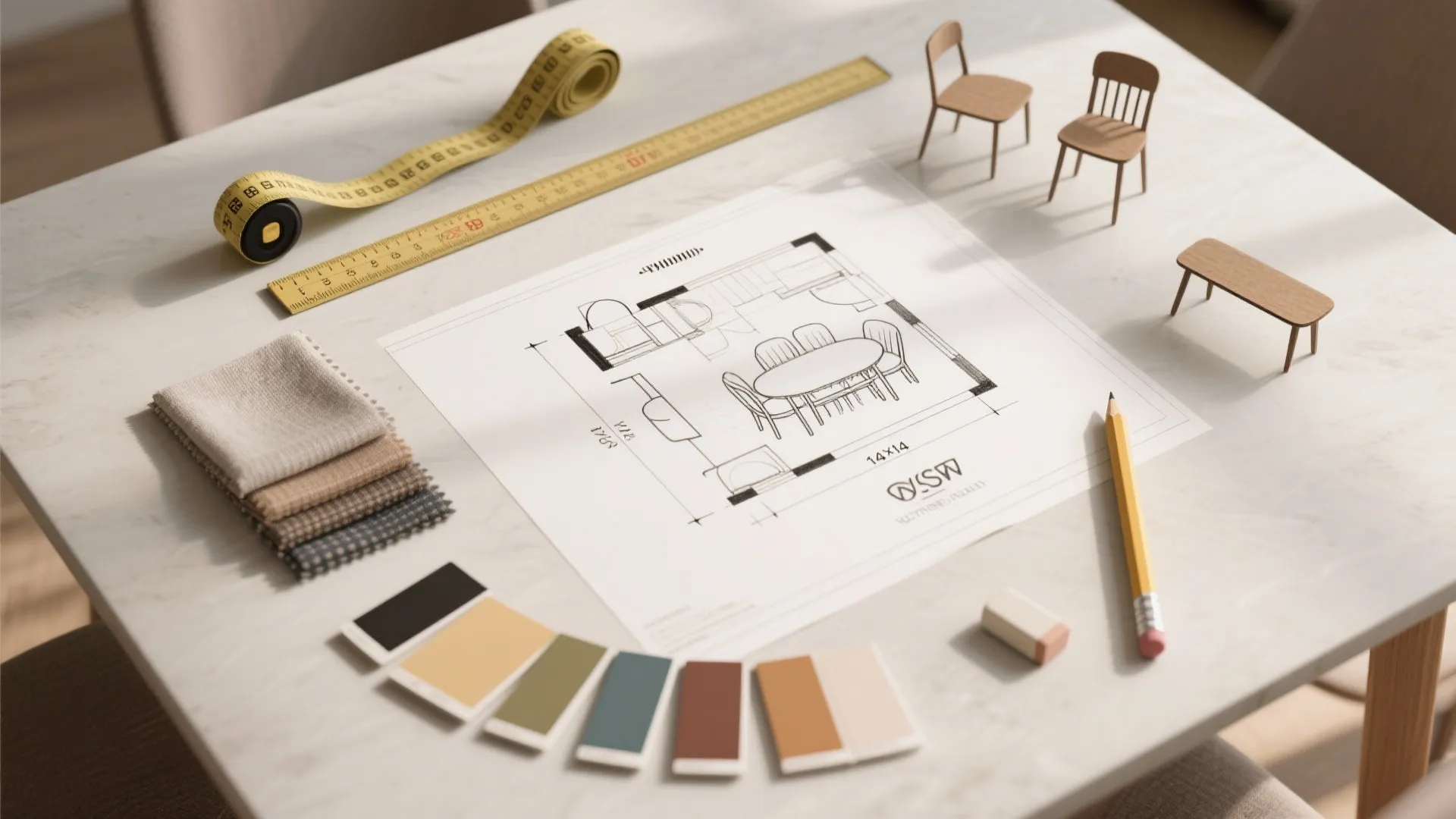 Interior design floor plan on table with measuring tape pencil color samples and miniature furniture models