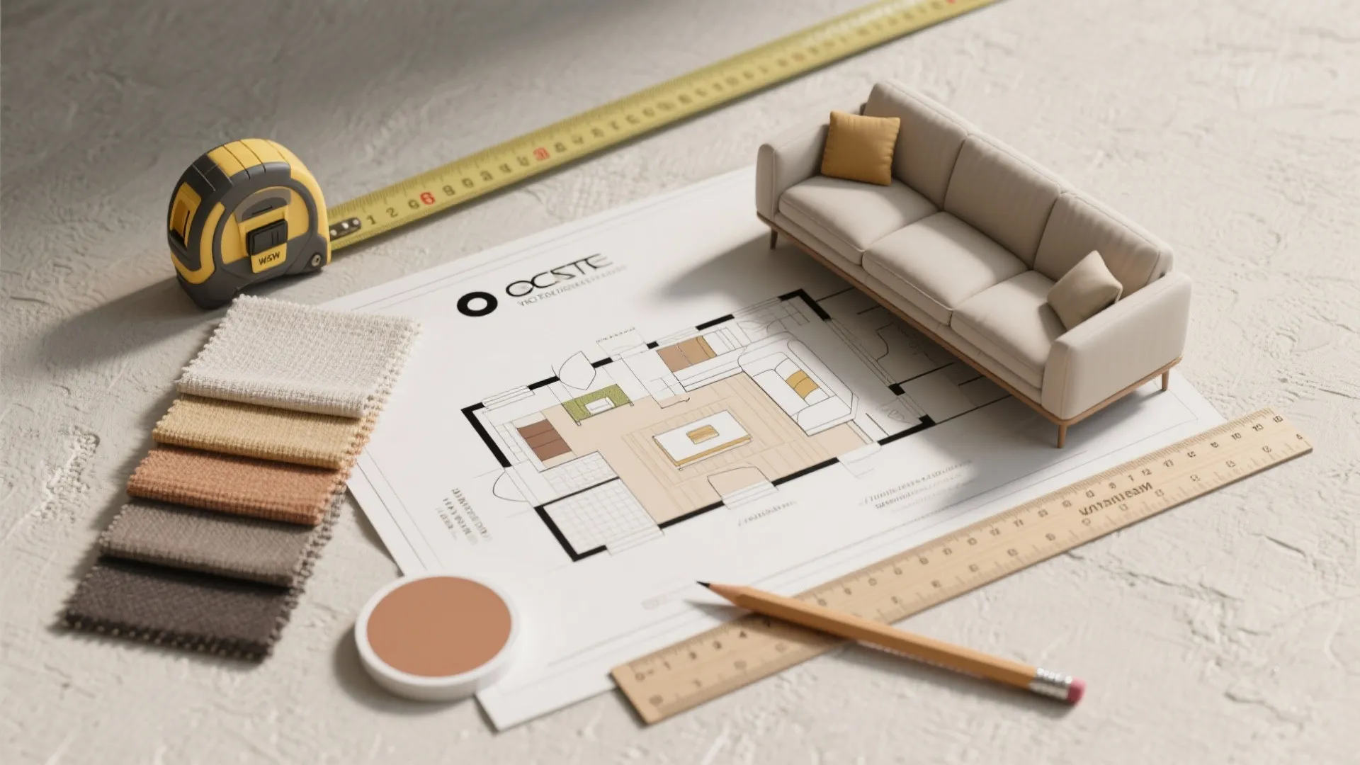 Interior design drawing with miniature sofa fabric samples measuring tape and pencil on a white table