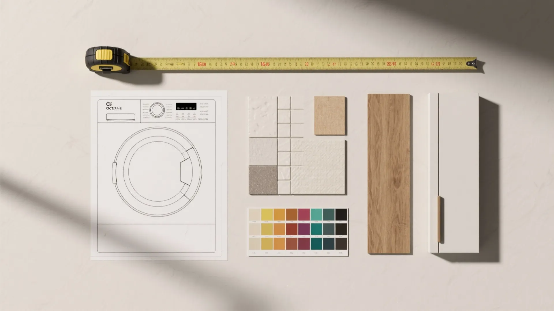 Interior design mood board with washing machine drawing yellow measuring tape wood floor and tile samples