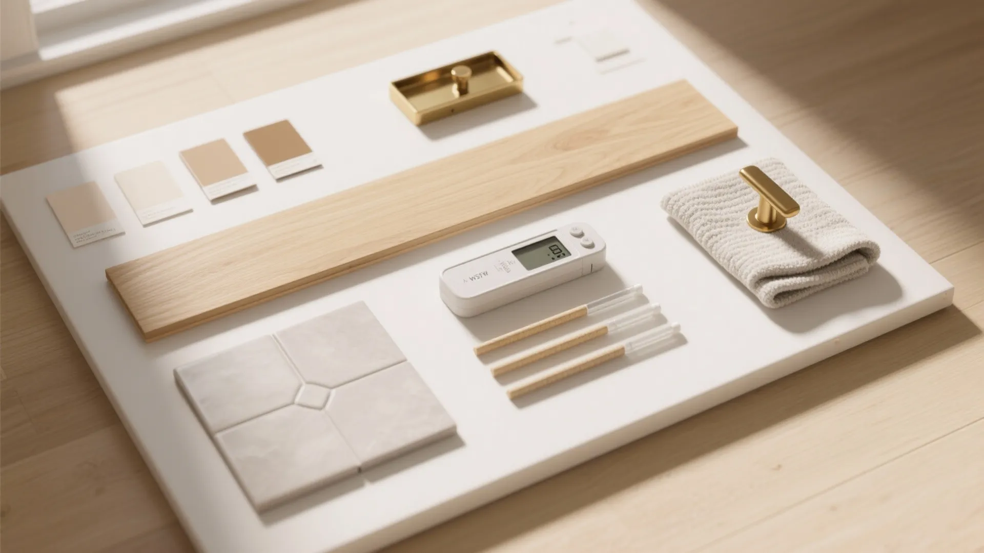 Interior design flat lay with color swatches wood sample tile gold handles and measuring tool