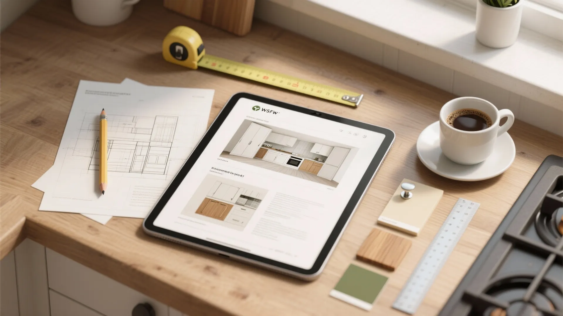 Tablet showing kitchen designs with sketches measuring tape and coffee cup on a wooden desk
