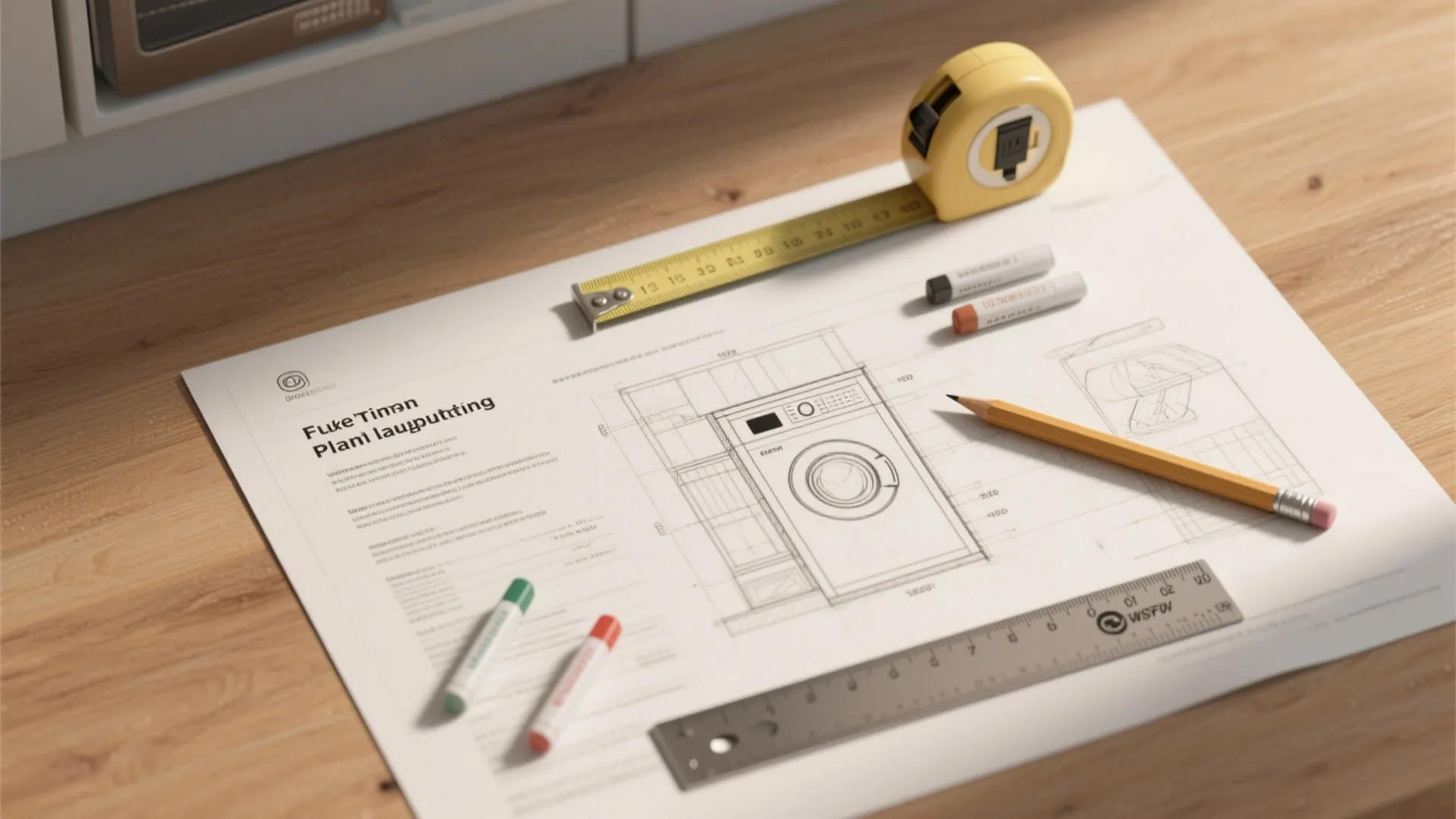 Top-down flatlay of measuring tools, a small 3D mockup printout and sketch for planning tiny laundry layouts.