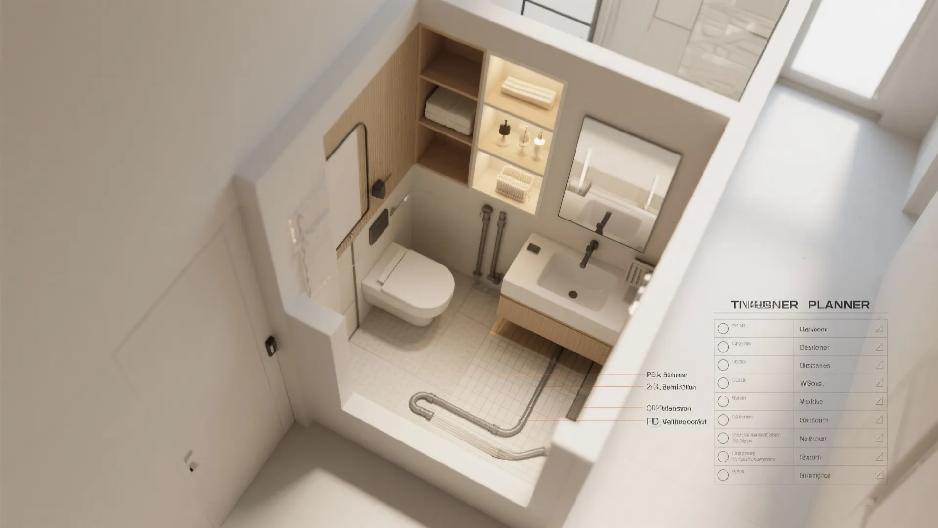 Interior design drawing of a small bathroom showing room layout with sink toilet and shelving