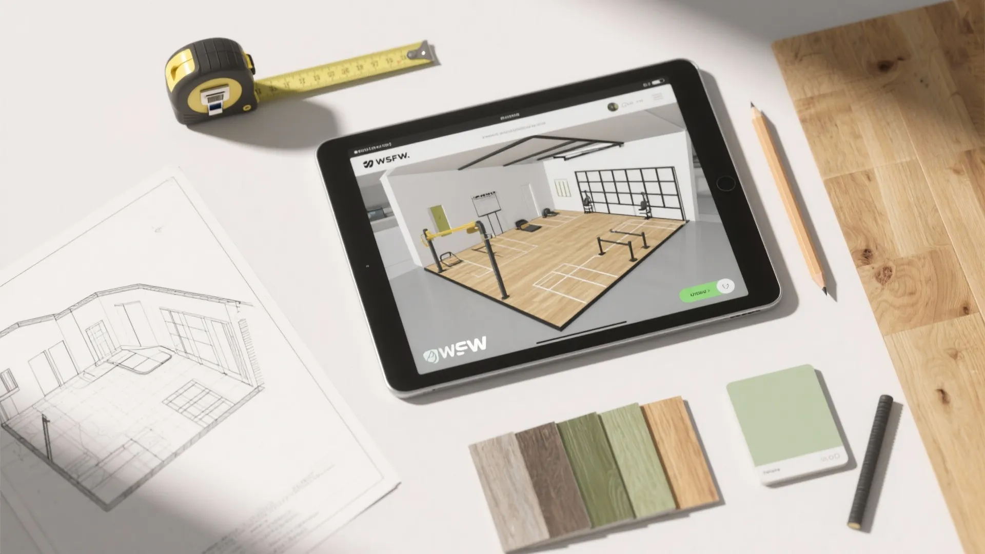 Top-down view of a studio gym planning flatlay with a room plan, measuring tape, tablet showing a 3D layout, and material swatches.