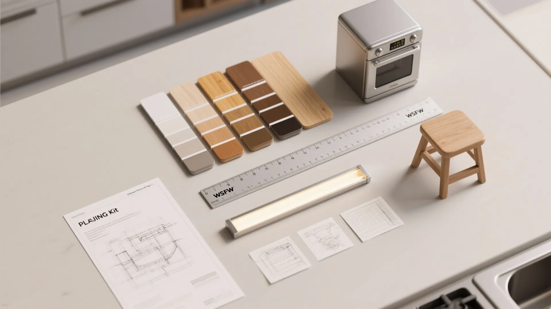 Kitchen design flatlay with wood color swatches, small oven model, ruler, light fixture, and sketches