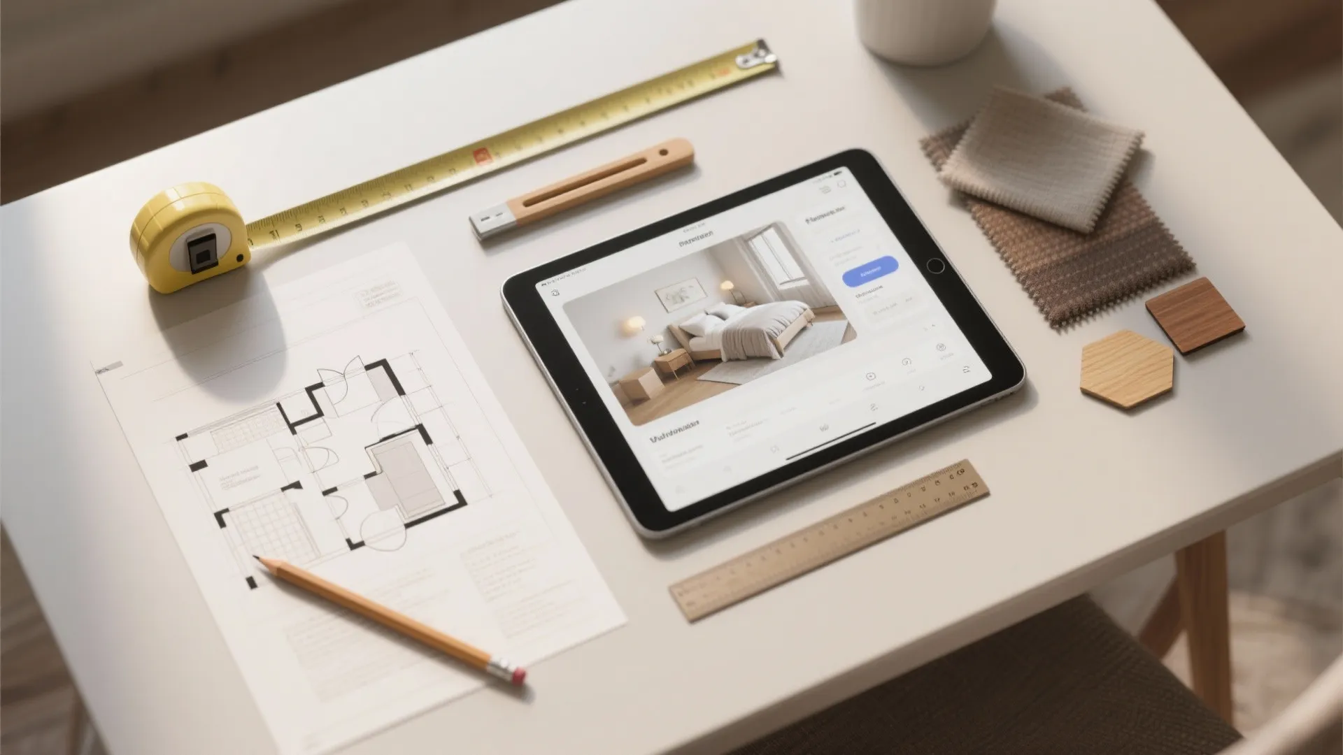 Desk with tablet showing interior design drawing room layout plan pencil ruler and fabric samples