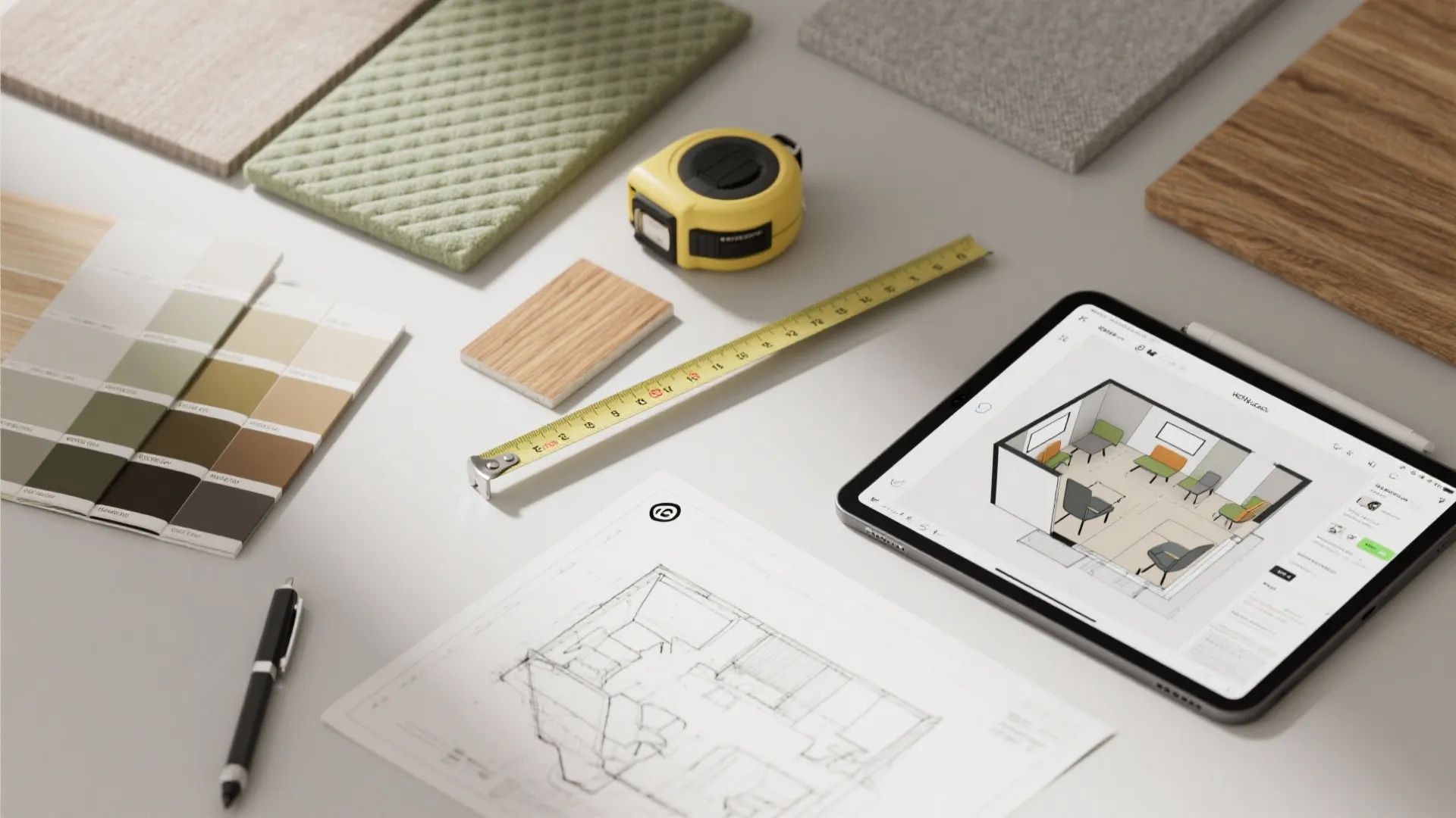 Interior design workspace with tablet showing room layout color swatches fabric samples and tape measure