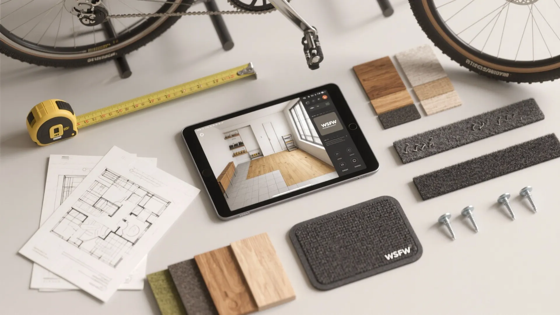 Interior design flatlay with tablet showing room layout plus floor plan sketches and material samples
