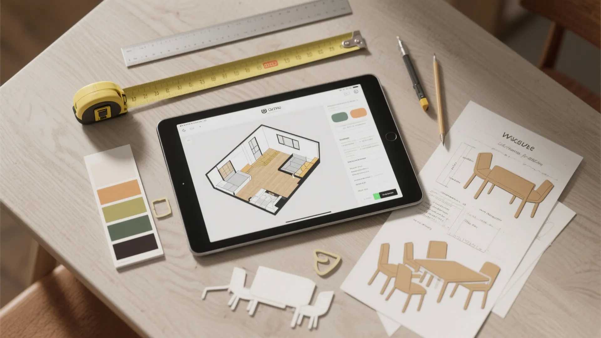 Tablet showing 3D room design surrounded by measuring tape pencils color swatches and furniture sketches