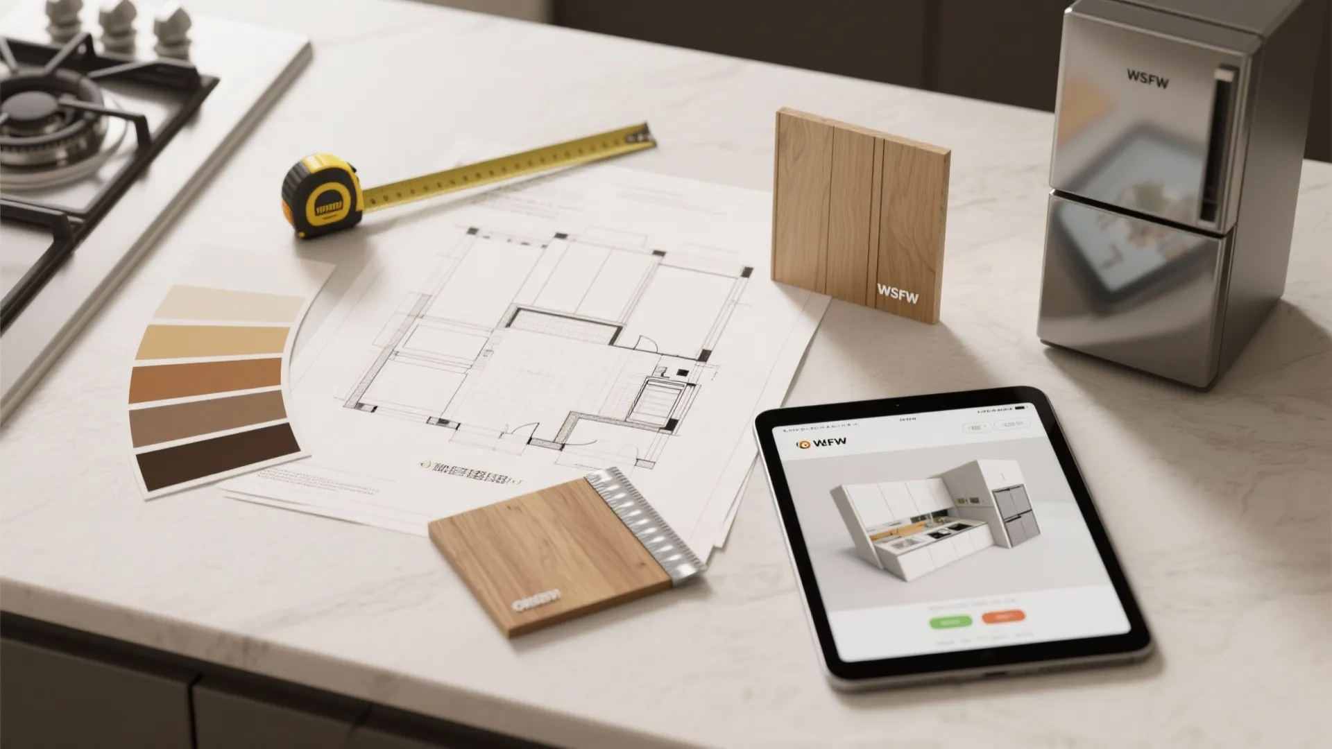 Flatlay of kitchen planning tools: sketches, swatches, tape measure, and a tablet showing a 3D kitchen layout.