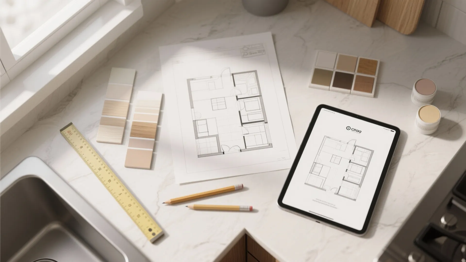 Kitchen counter with house floor plan drawing tablet wood samples pencils and a yellow ruler