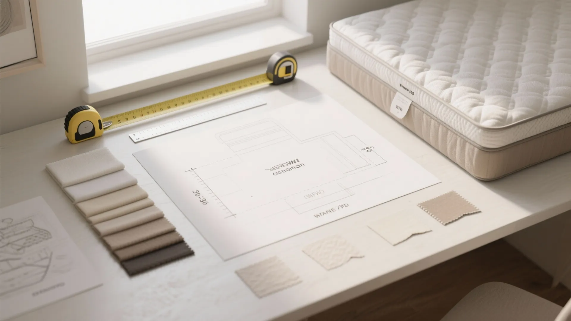 Top-down flatlay of planning tools, fabric swatches, mattress topper sample and floor templates for small-space sectional measurements.