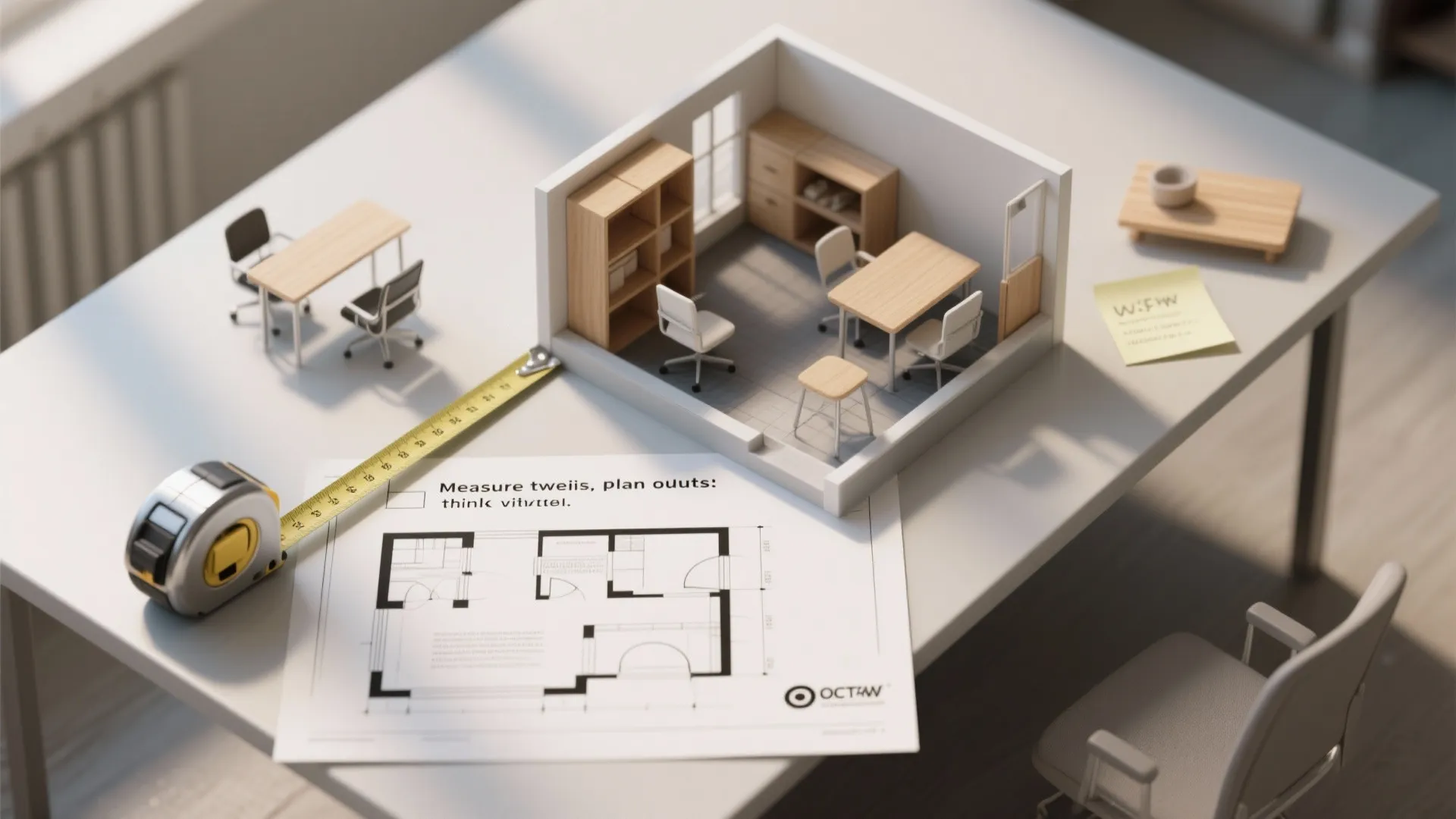 Table with a house model floor plan tape measure and furniture for professional interior design planning