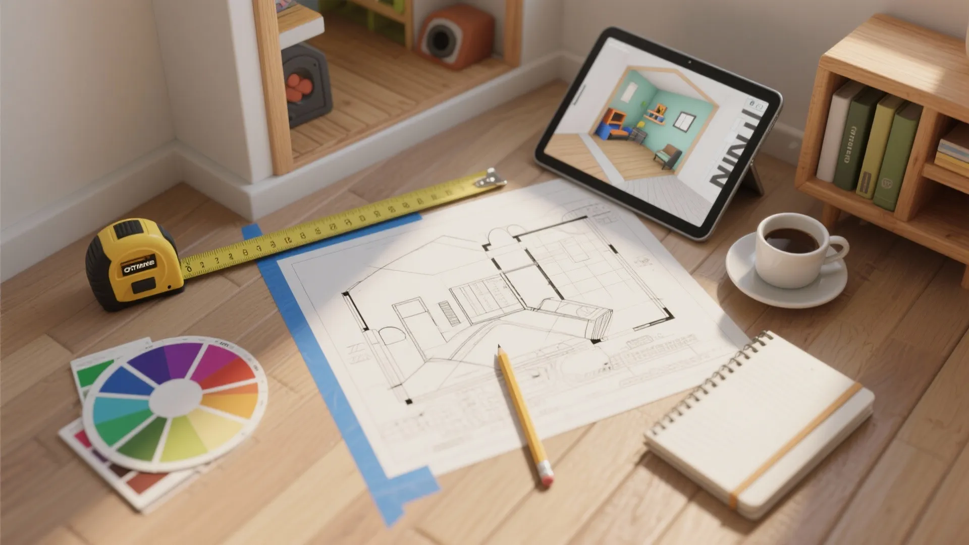 Interior design floor plan on wooden table with measuring tape pencil notebook and tablet screen