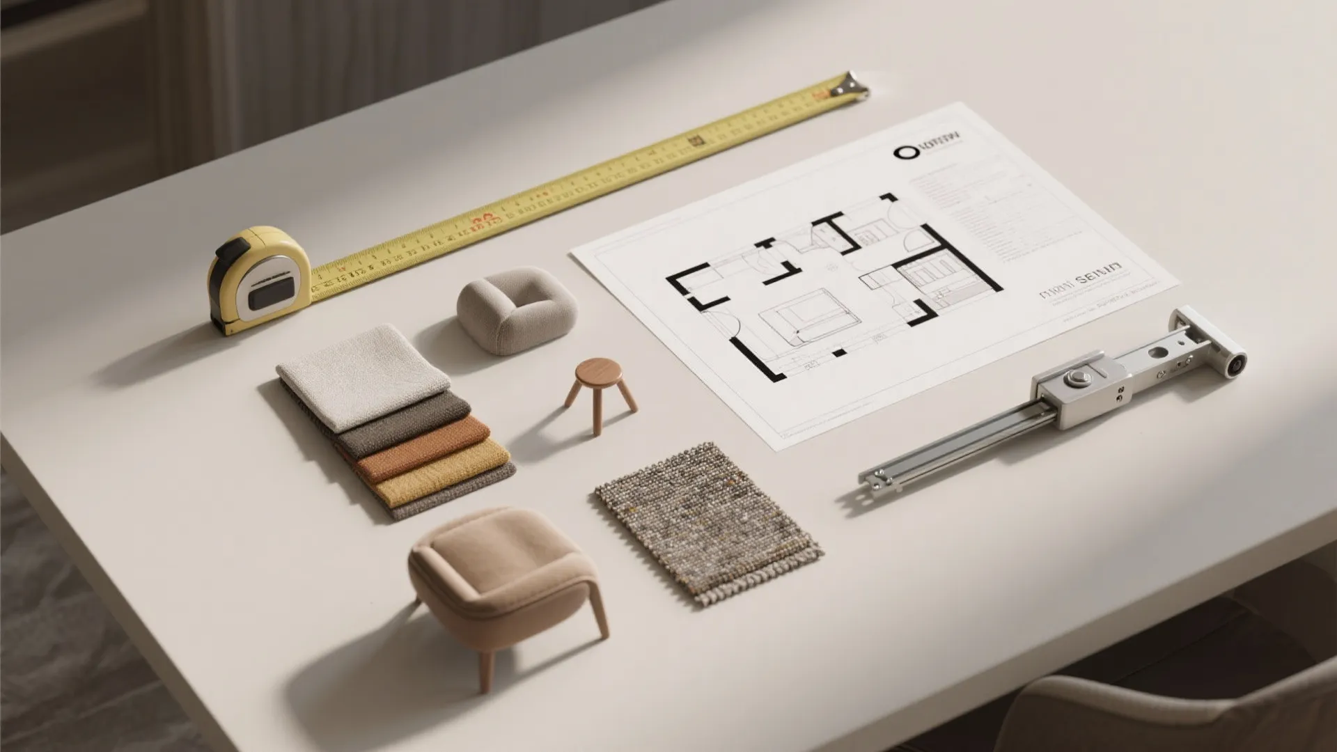 Flatlay of measuring tape, floor plan, fabric swatches, leg samples and a slim recliner mechanism for planning sectional purchases.