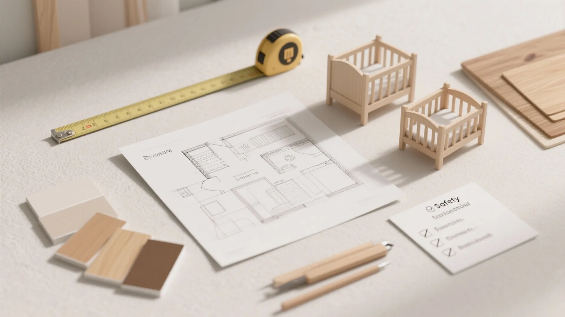 Room layout plan with measuring tape wood samples mini crib models and safety checklist paper