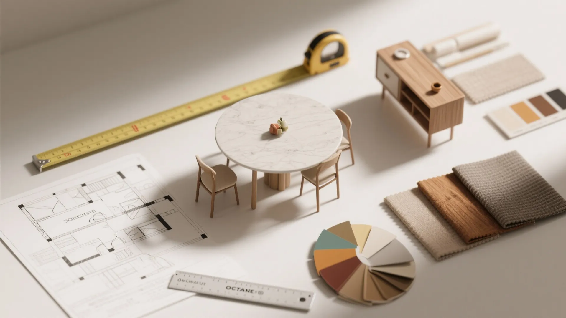 Interior design planning flat lay with floor plan ruler color palette fabric samples and furniture