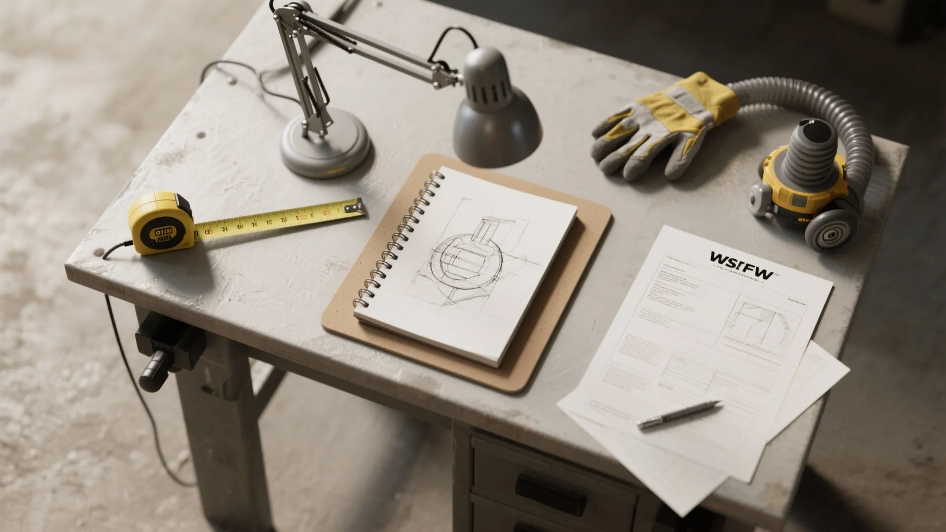 Top view of workbench with design sketch notepad tape measure desk lamp and work glove
