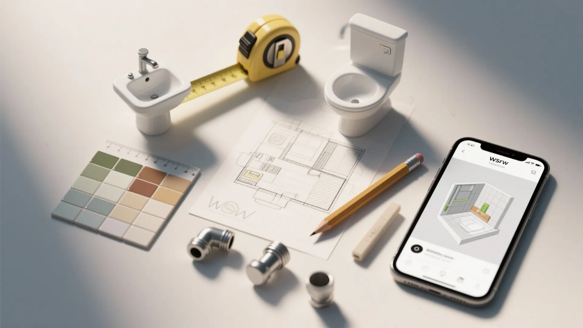 Bathroom design layout with mini toilet models floor plan drawing pencil measuring tape and smartphone