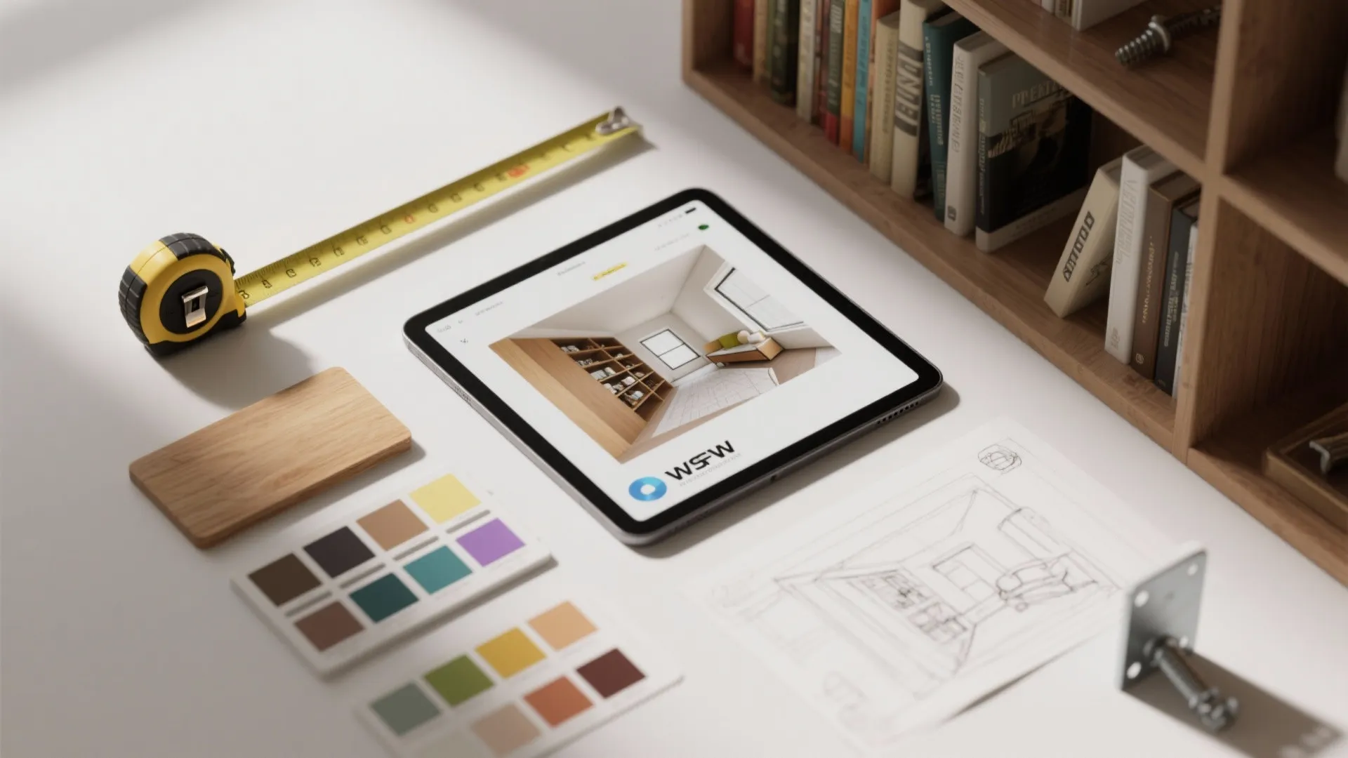 Tablet showing interior design drawing on desk with tape measure color swatches and wood materials