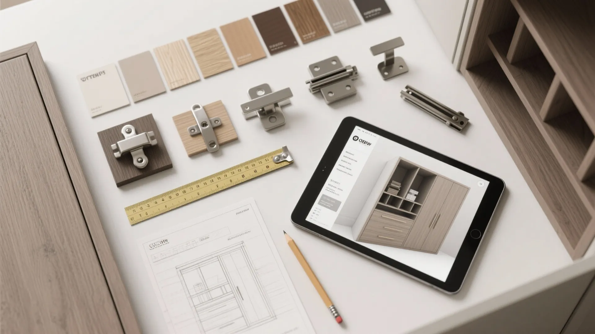 Flatlay of cabinet planning tools including swatches, hardware samples, measuring tape and a tablet with a 3D mockup.