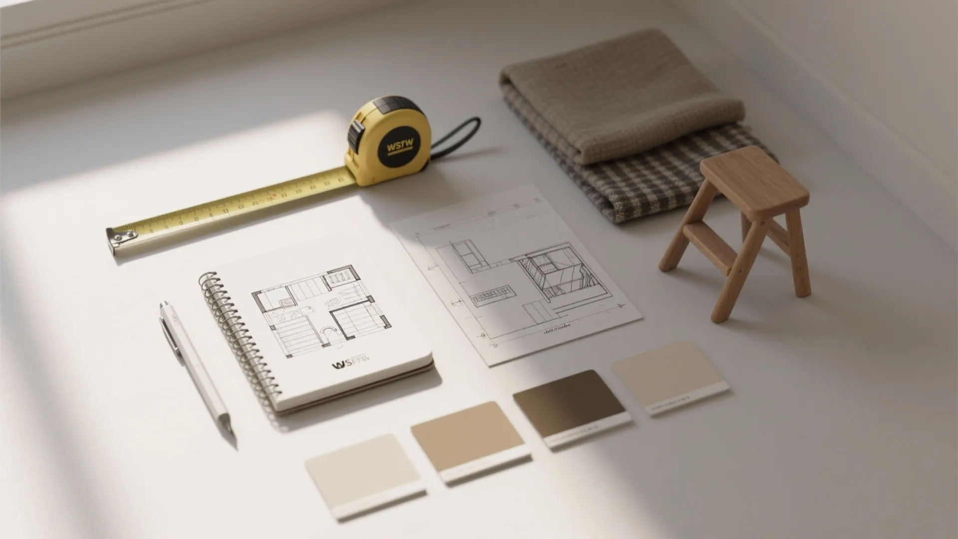 Flatlay of measuring tape, scale ruler, sketched plans and material swatches for planning a small bounded space.