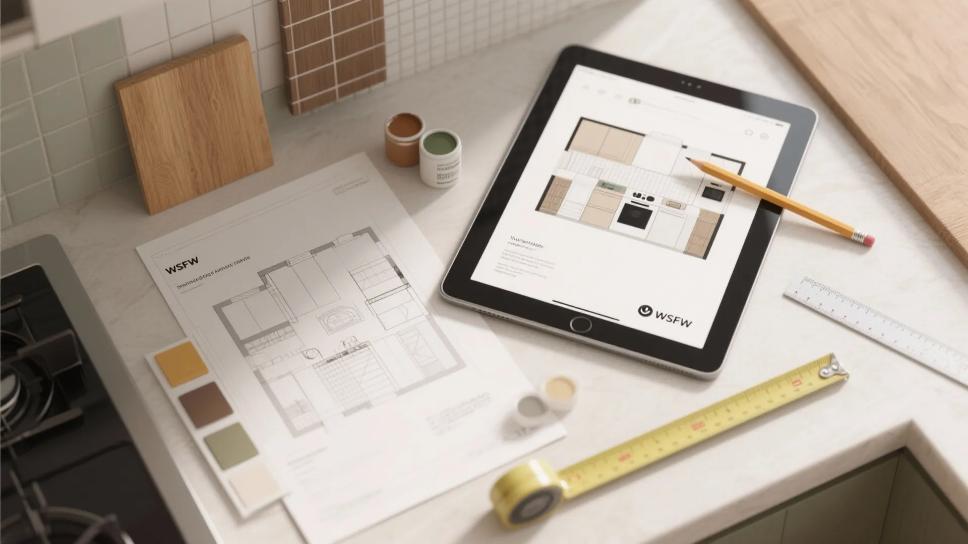 Tablet showing kitchen interior design drawing with paper floor plan and tape measure on counter