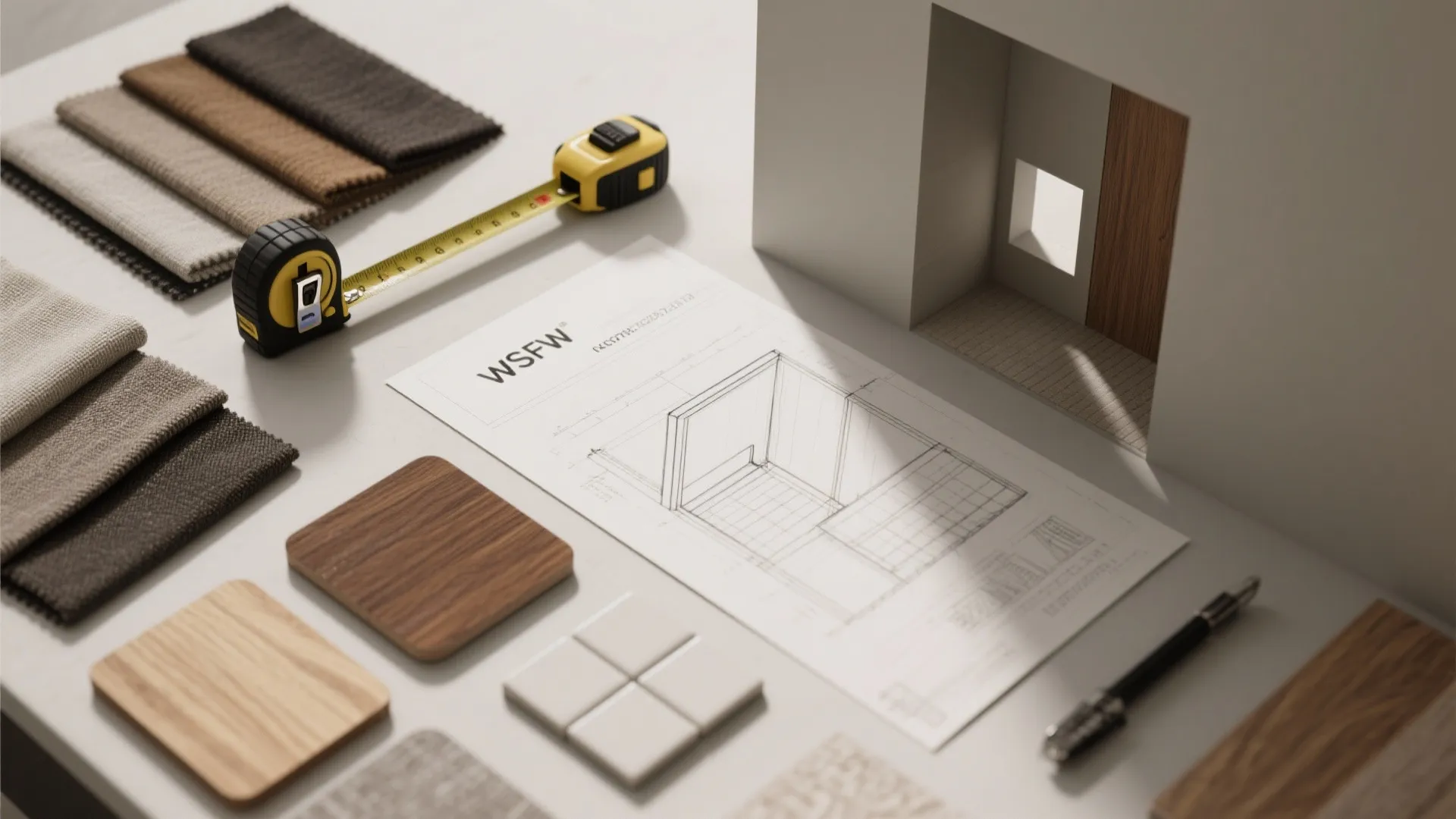 Interior design drawing with fabric samples measuring tape wood pieces and a small house model