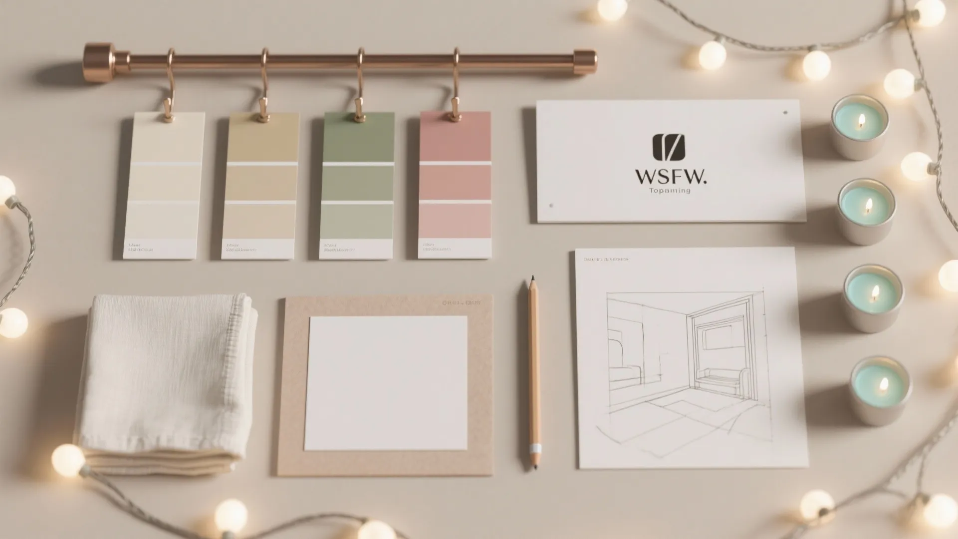 Interior design planning flatlay with color samples and room sketches surrounded by small fairy lights