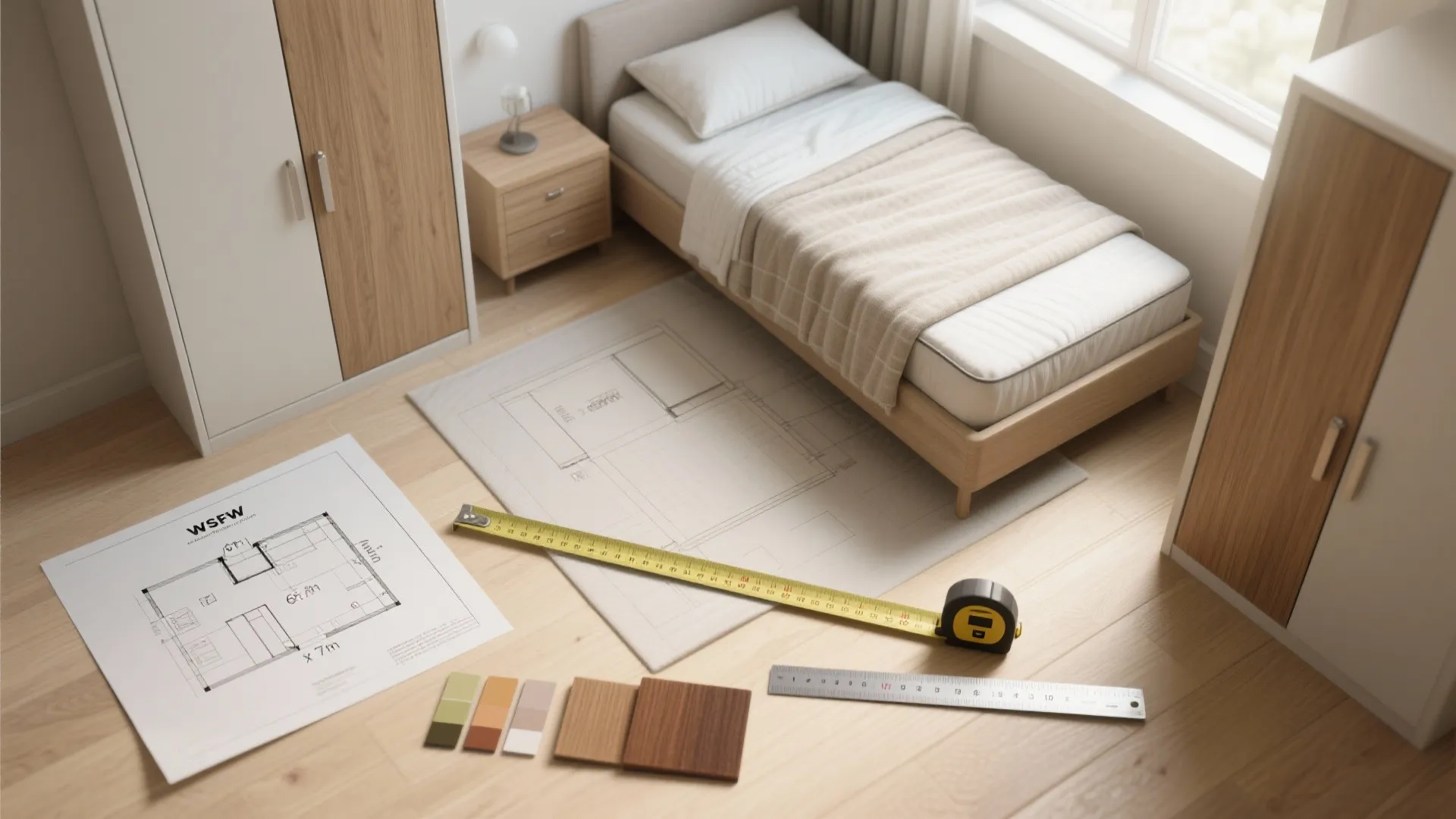 Modern bedroom interior design setup with floor plans tape measure color swatches and wood samples