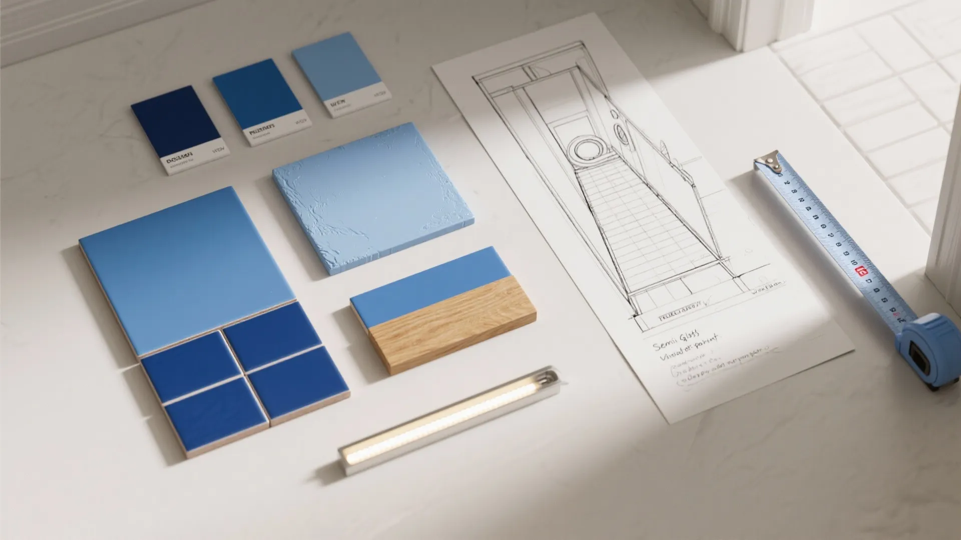 Interior design planning flatlay with blue color samples floor tiles paper drawing and measuring tape