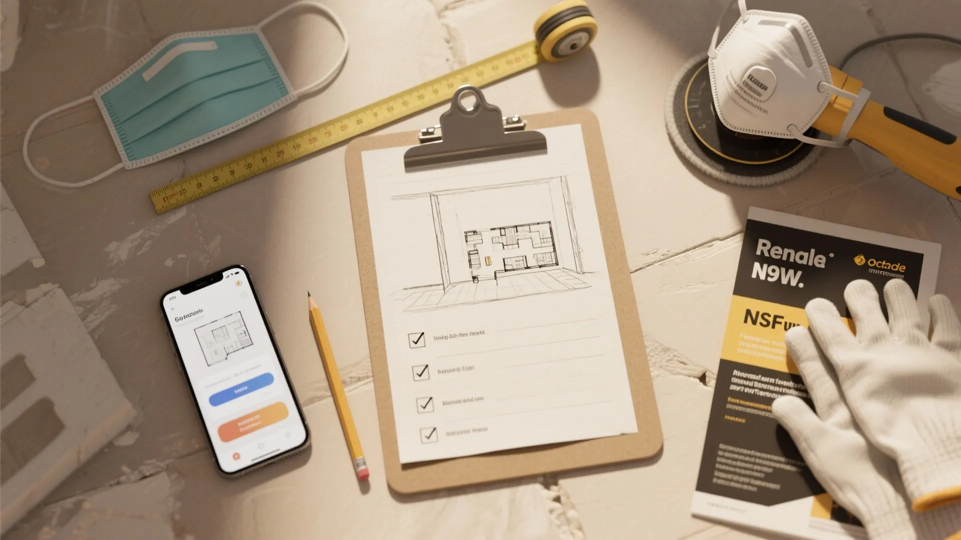 Flatlay of a wall sketch, checklist, measuring tape, phone with floor plan, N95 mask and gloves for renovation planning.