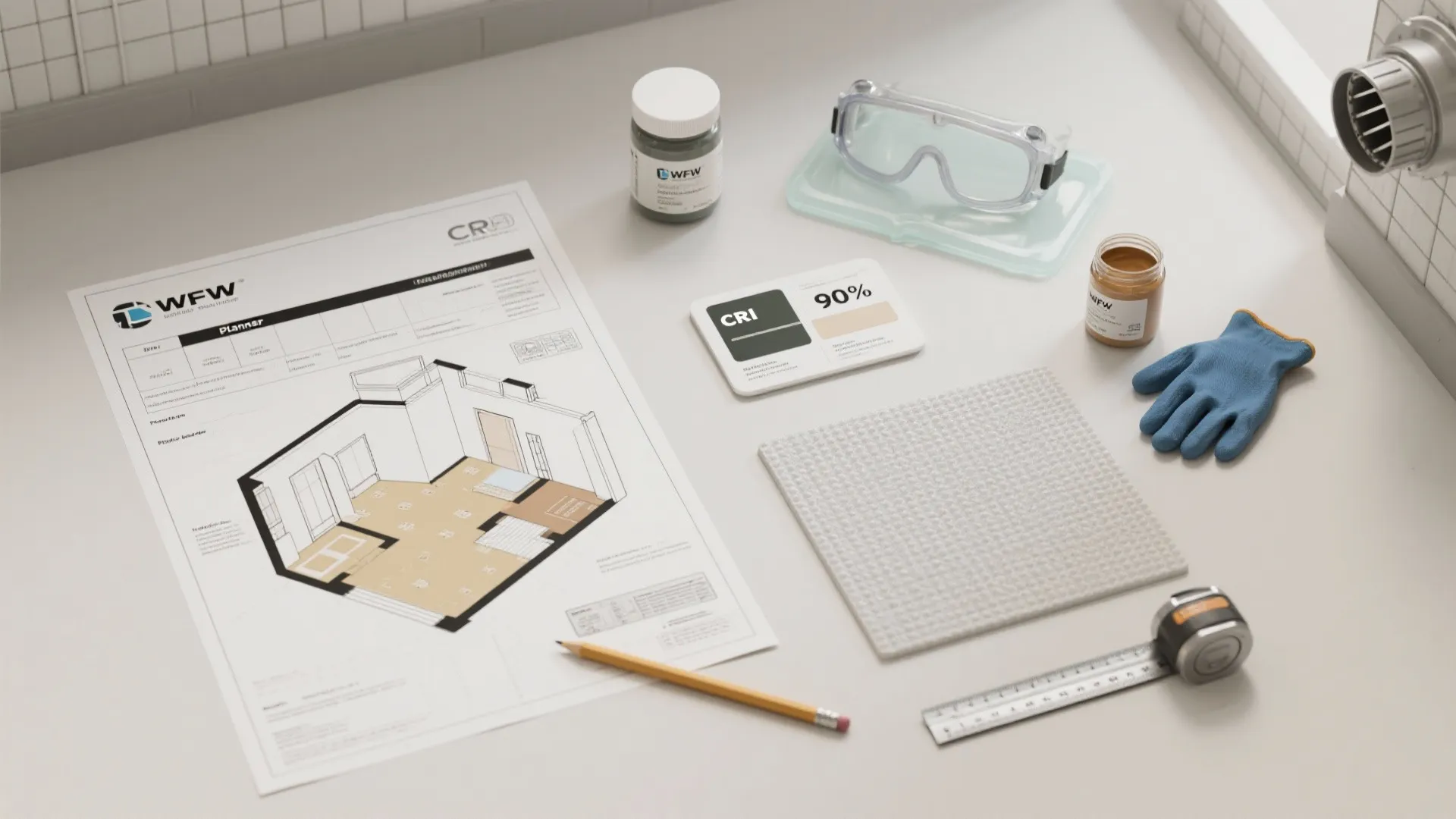 Desktop flat lay showing interior floor plan drawing with pencil, ruler, and home renovation tools