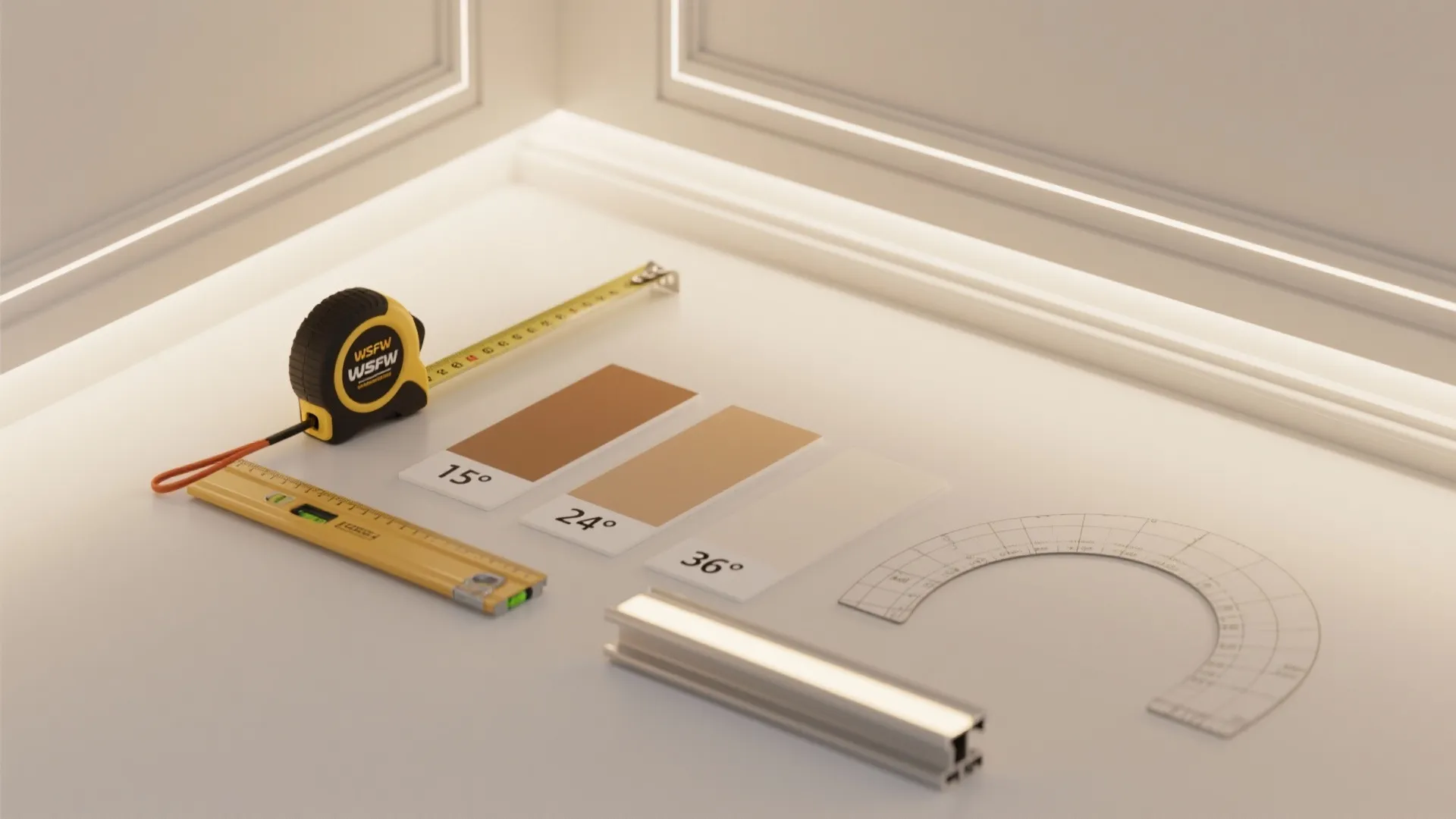 Flatlay of laser level, beam angle cards, LED profiles, and warm neutral paint samples.
