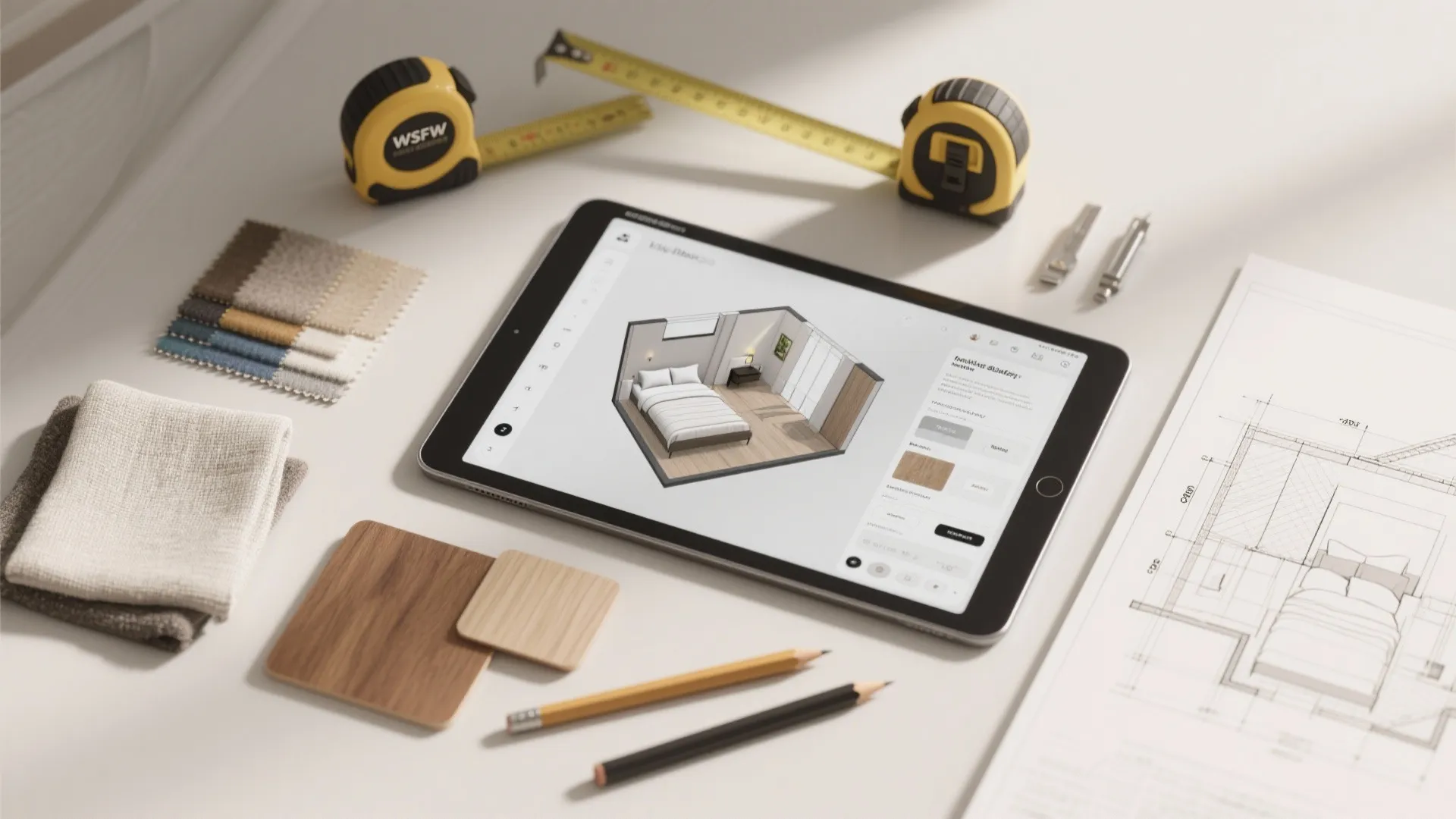 Flatlay of a tablet with 3D planner, fabric swatches, and layout sketches for partition planning