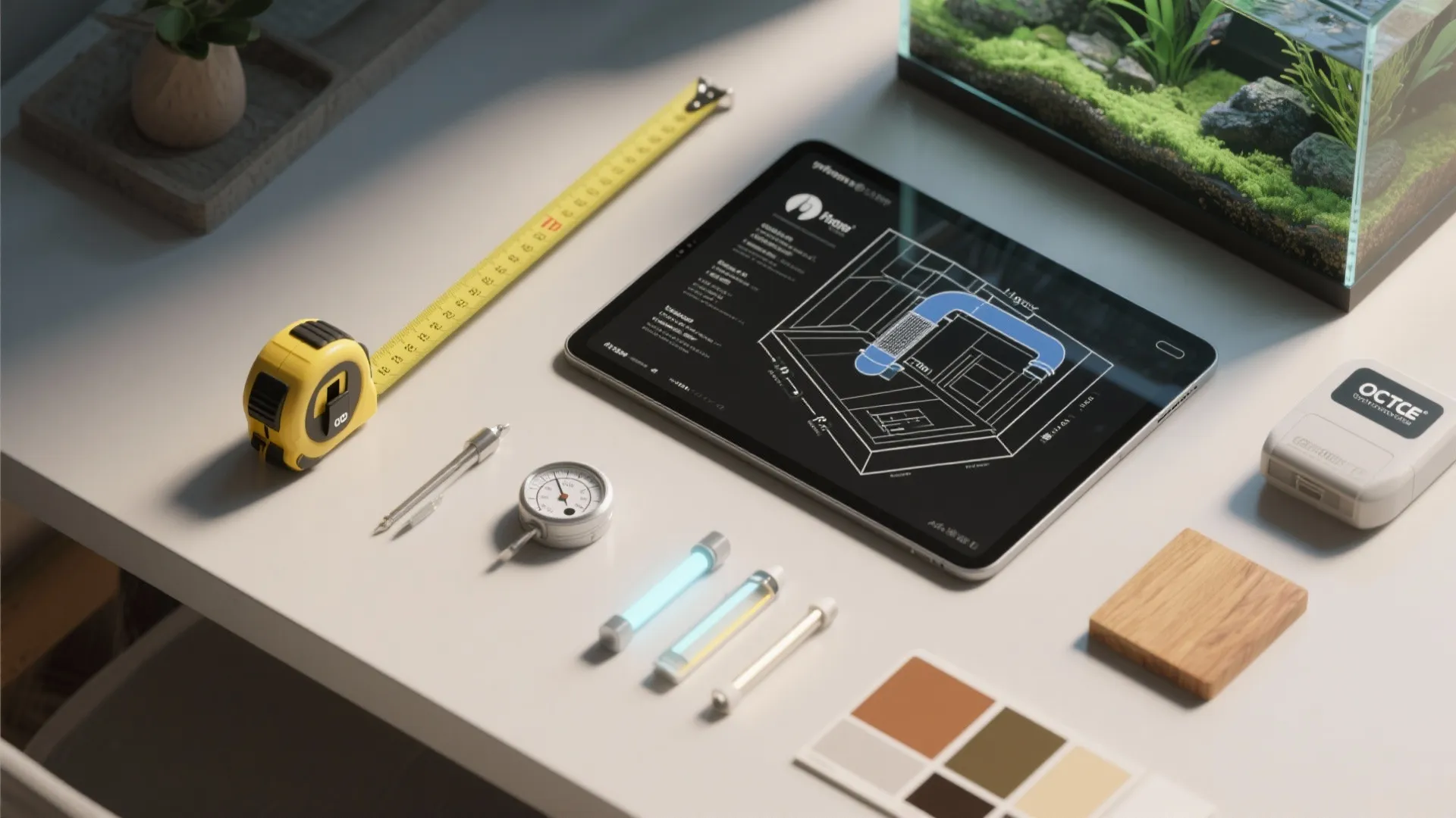 Tablet showing interior design drawing near yellow measuring tape and color swatches on white desk