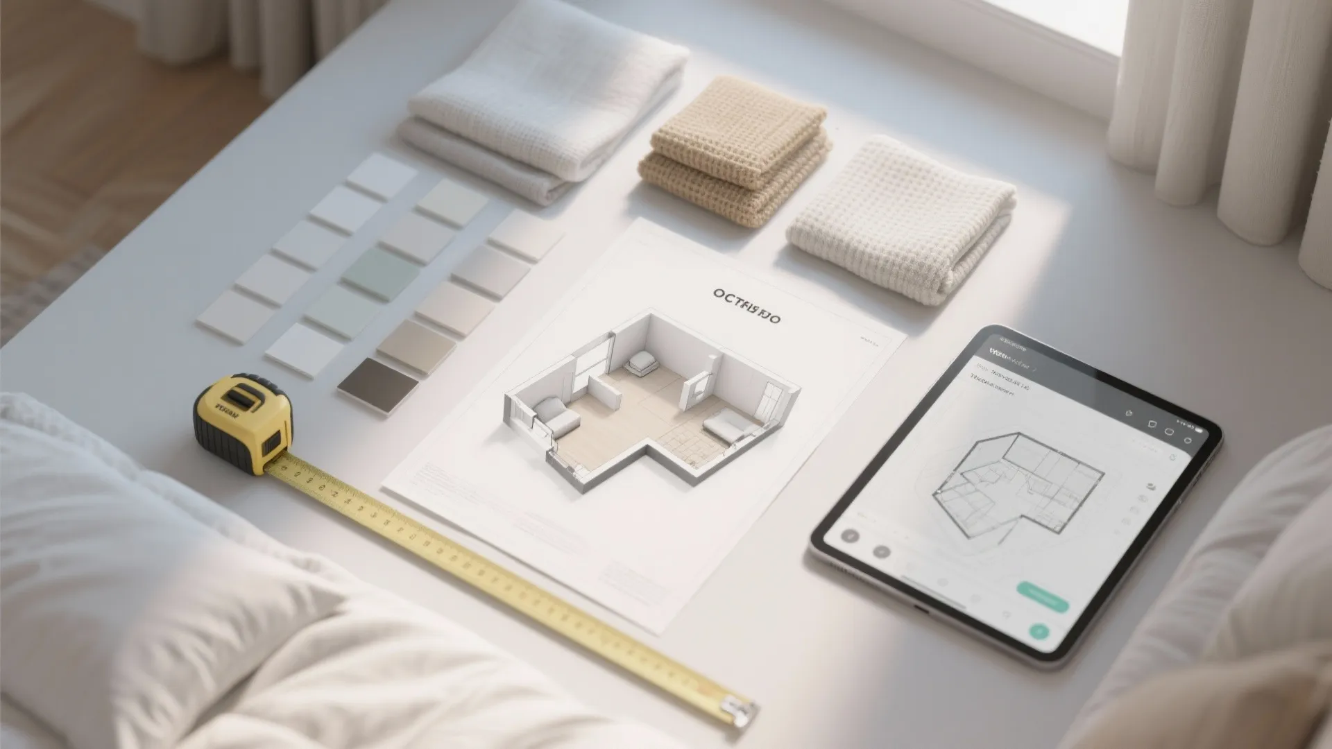 Interior design tools including floor plan drawing and tablet with layout and color fabric samples