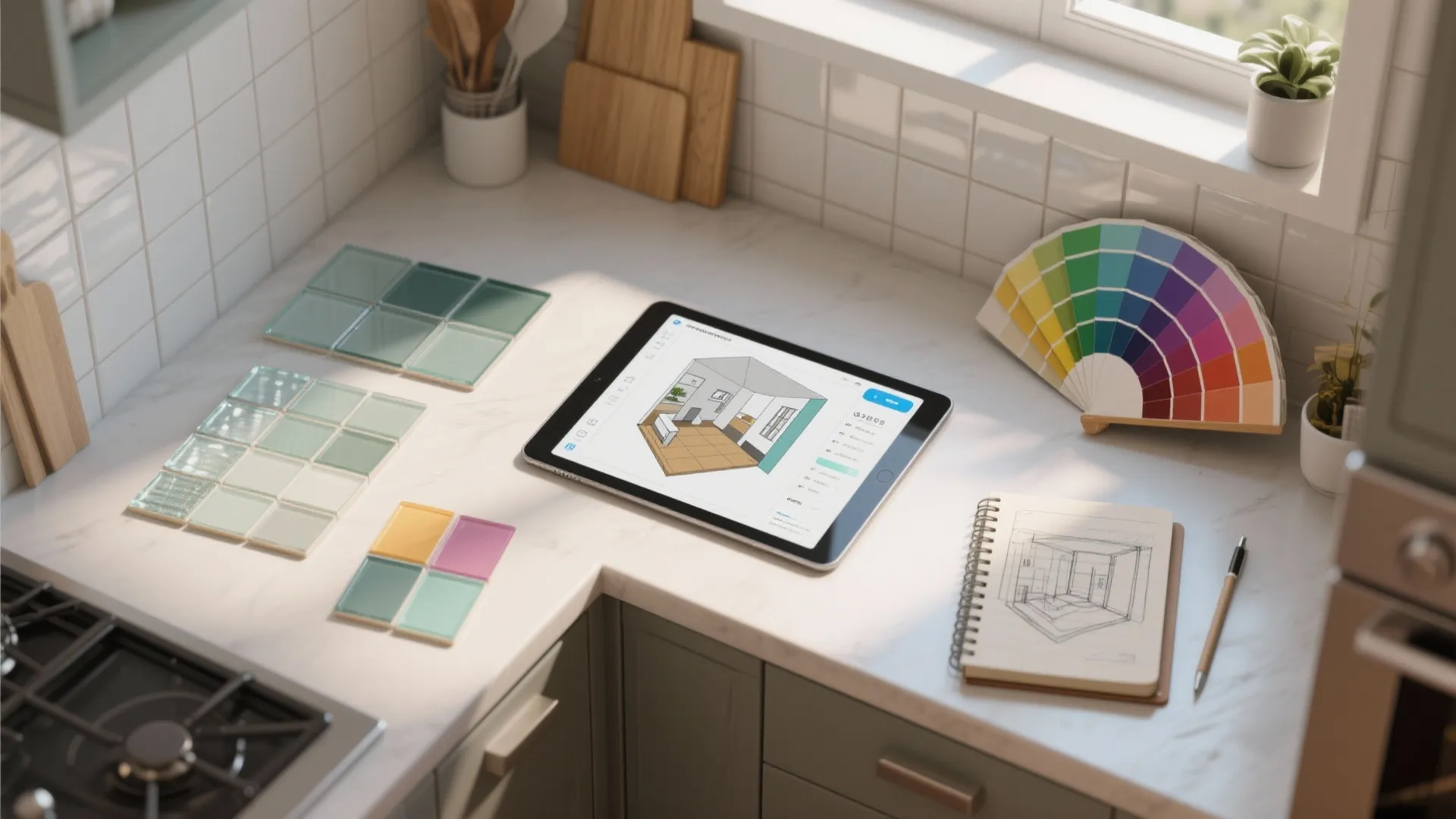 Top-down planning scene with a 3D room planner on tablet, glass tile samples and layout sketches.