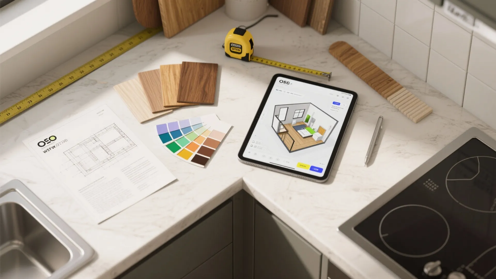 Top-down planning flatlay with measuring tape, wood samples and a tablet showing a room planner