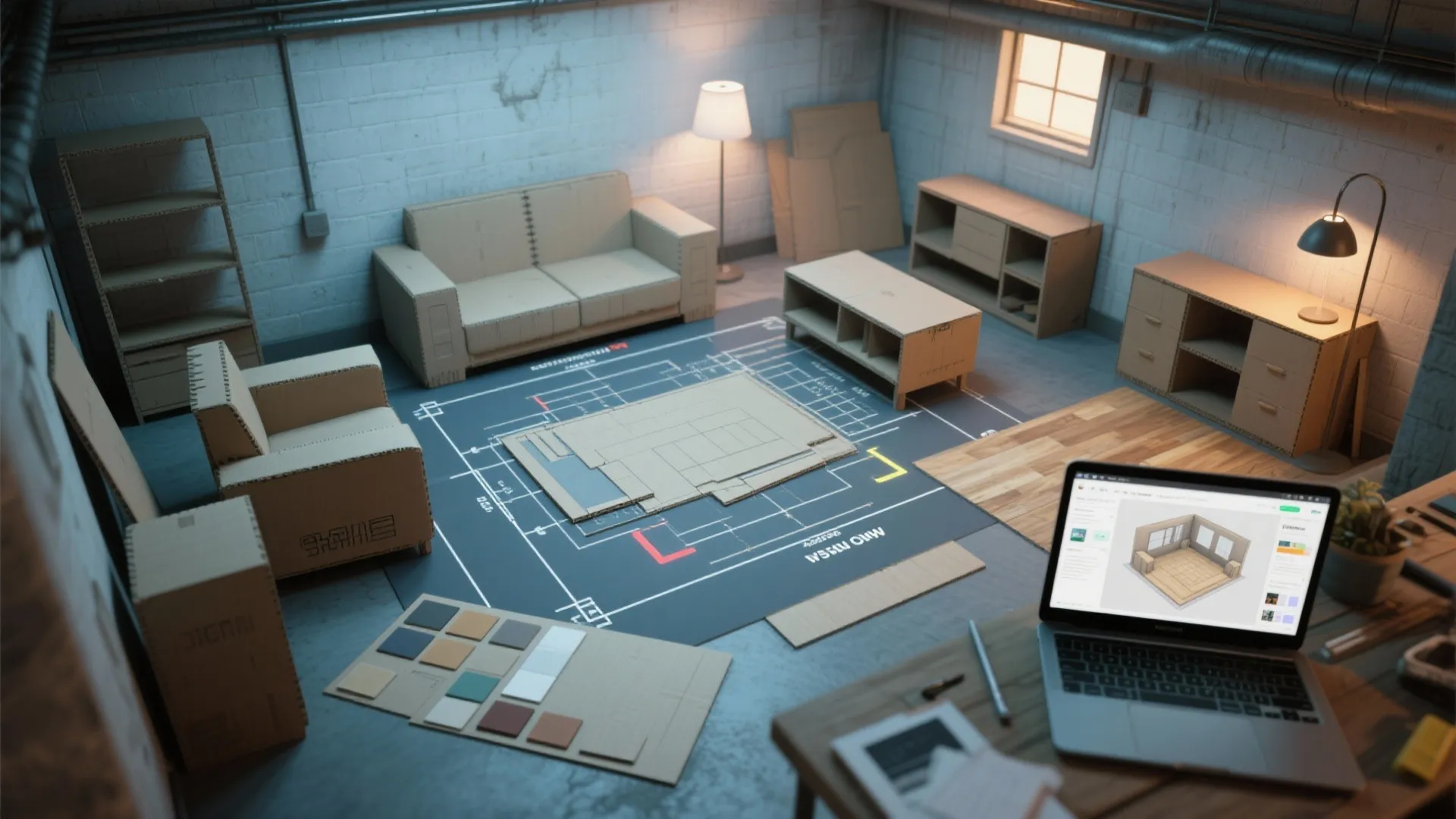 Interior design floor plan with cardboard furniture models sofa table and laptop showing 3D room