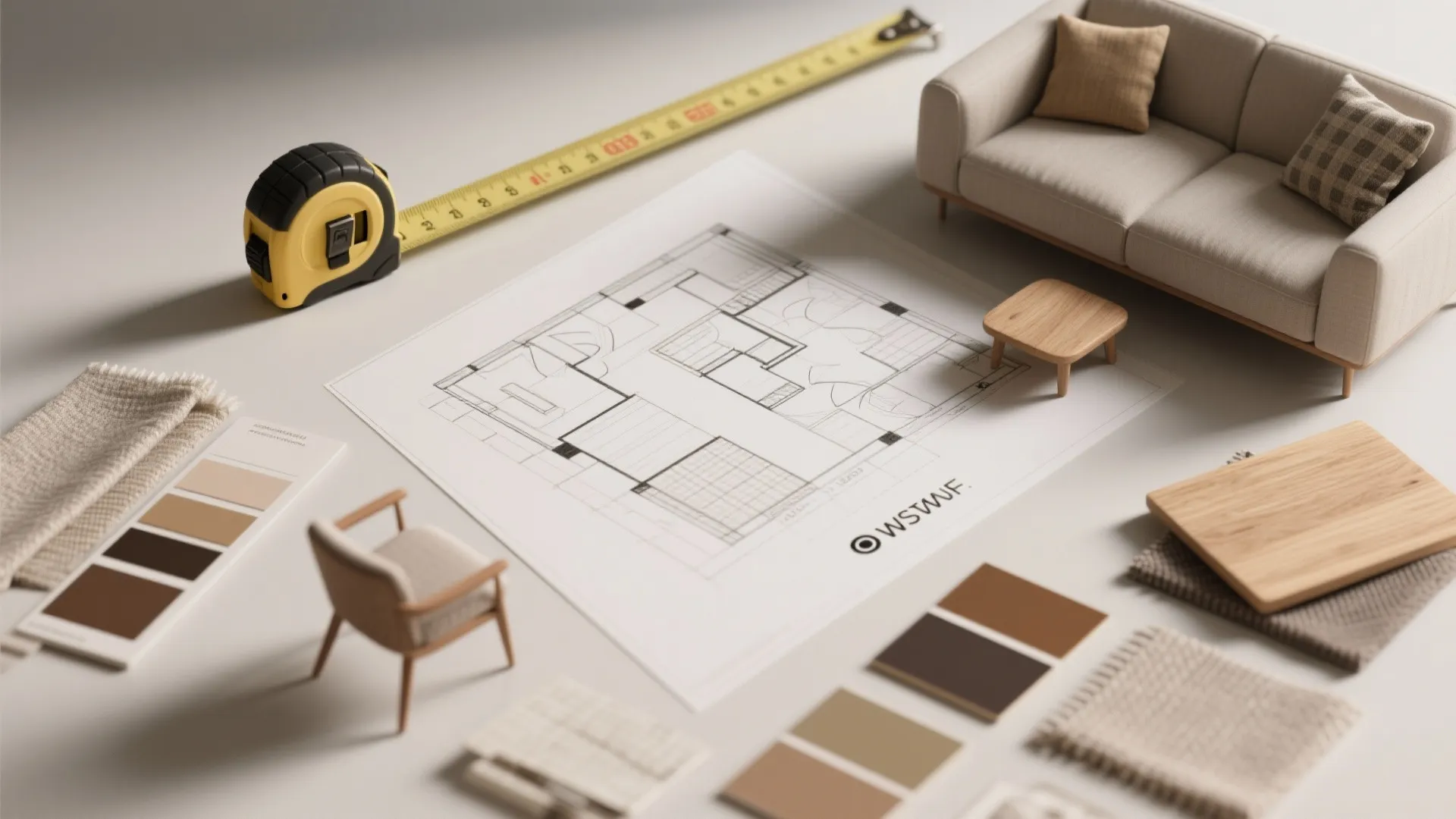 Top-down flatlay of planning tools: tape measure, floorplan sketch, and material swatches for sofa layouts