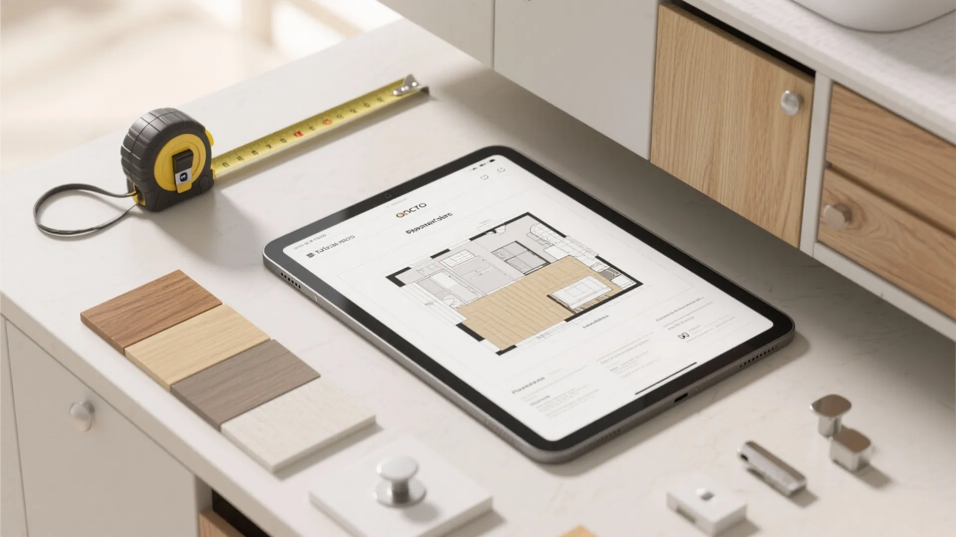 Tablet displaying a room layout design next to wood samples and a yellow tape measure