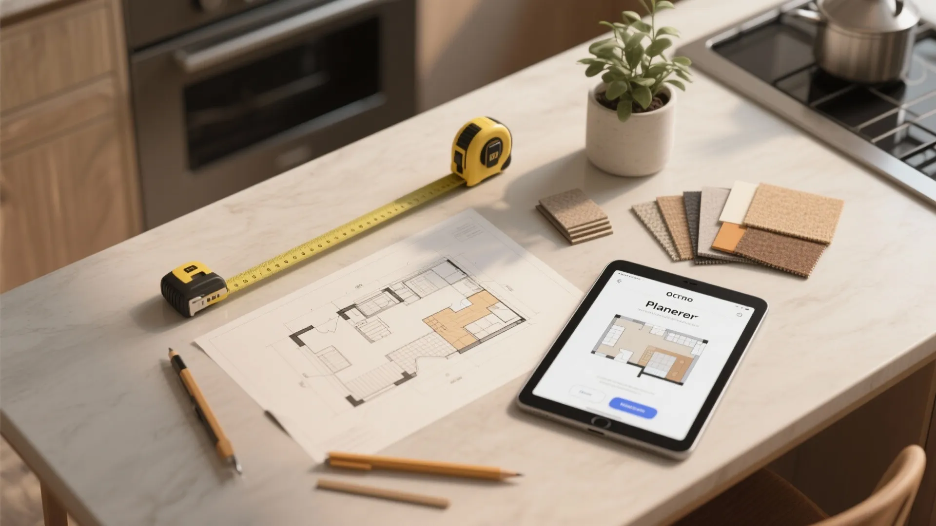 Kitchen island with floor plan drawing, tablet screen, yellow measuring tape, and fabric color samples