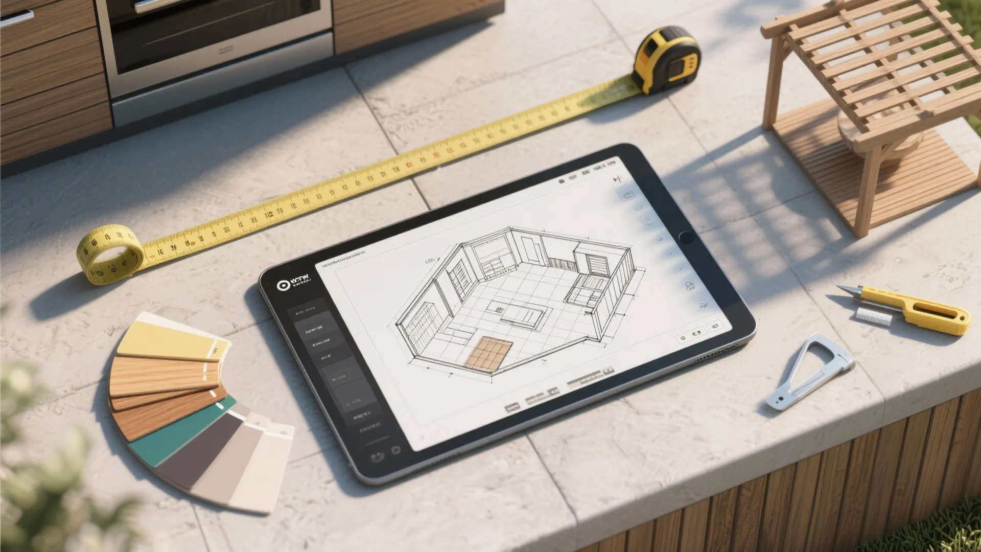 Tablet showing interior design drawing with measuring tape wood samples and tools on a counter