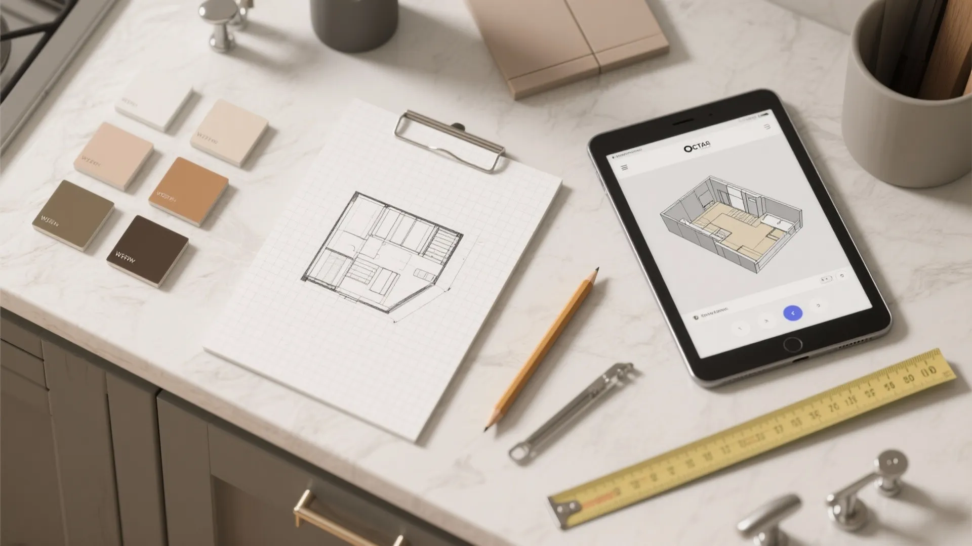 Flatlay with graph-paper elevation sketch, tablet with 3D planner, and cabinet color swatches