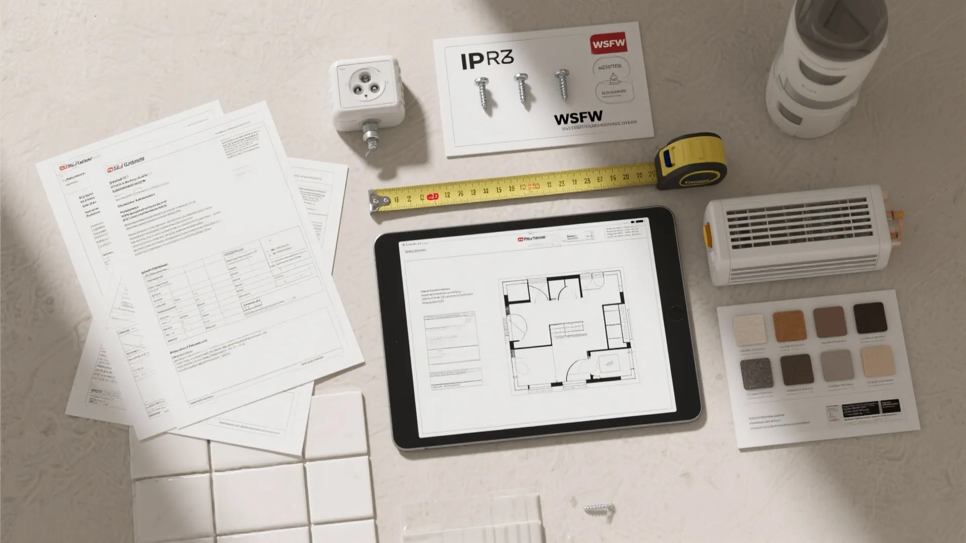 Flatlay of planning materials including IP rating sheets, anchors, measuring tape and a digital floor plan for heater placement.