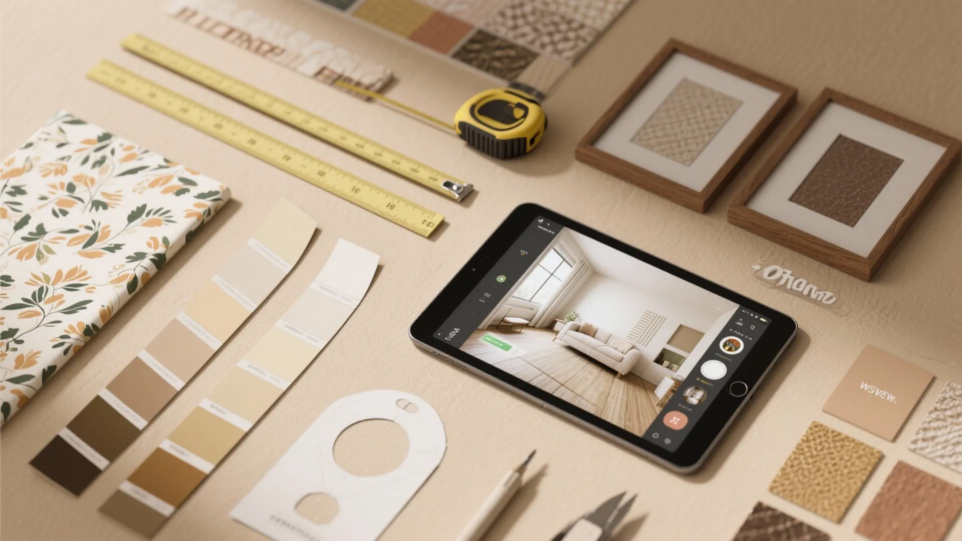 Interior design flatlay with tablet showing room layout plus color swatches and yellow tape measure
