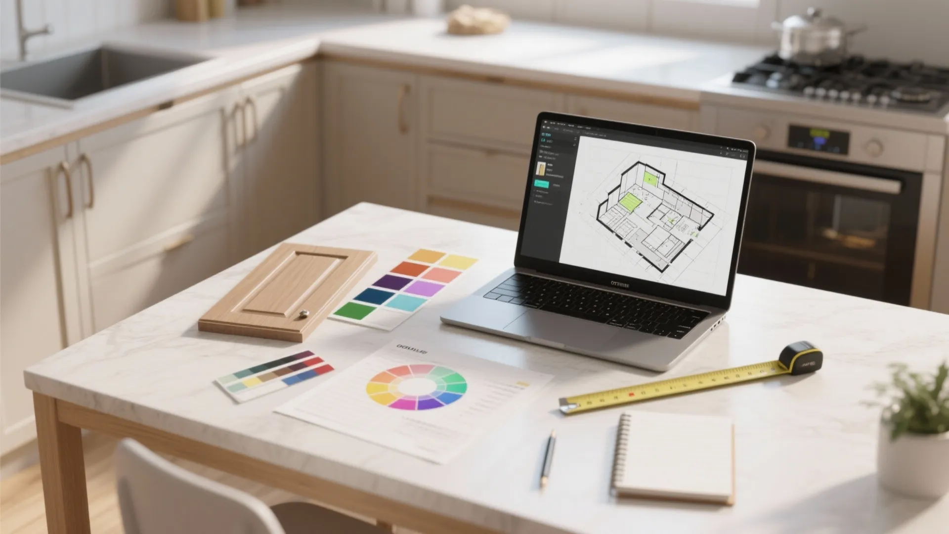 Top-down view of a digital floor planner, paint swatches and cabinet samples for kitchen planning.